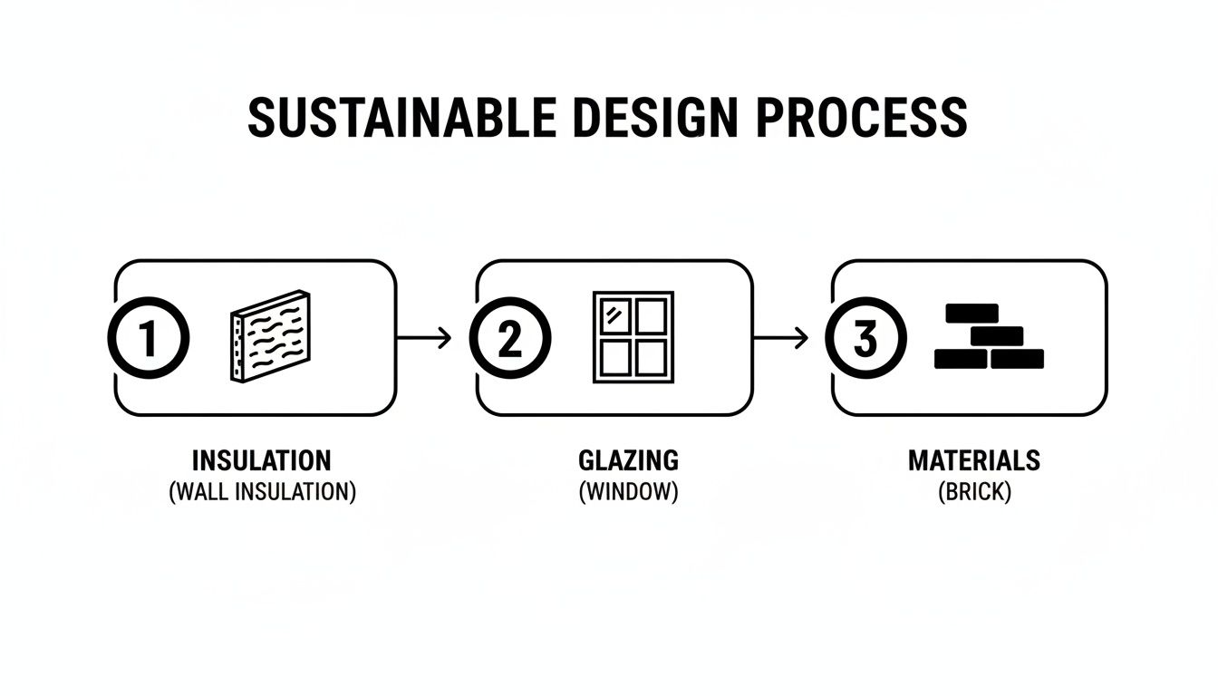 A diagram illustrating the sustainable design process, detailing steps like insulation, glazing, and material selection.
