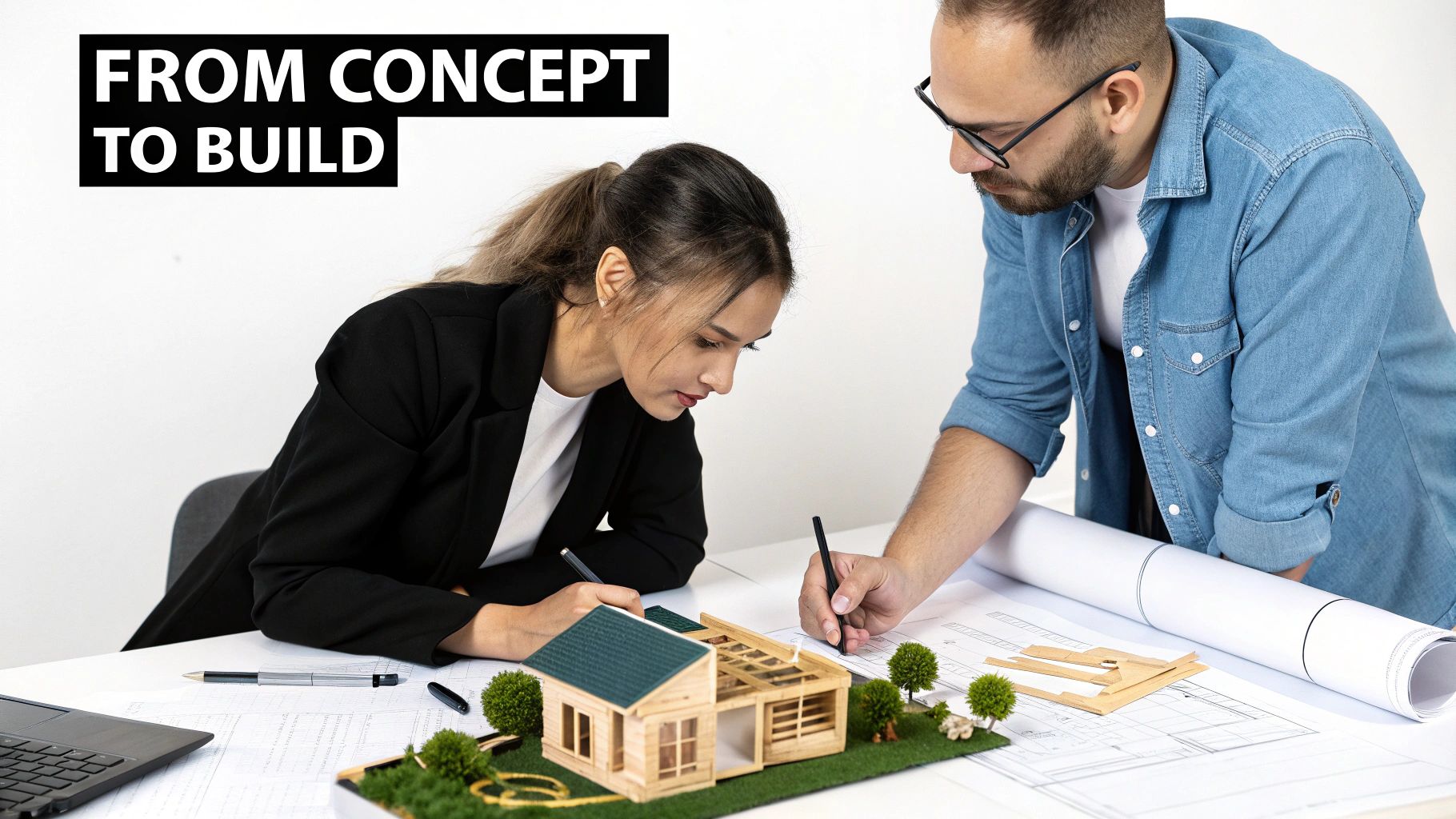 Two architects collaboratively review blueprints and a miniature house model, focusing on building designs.