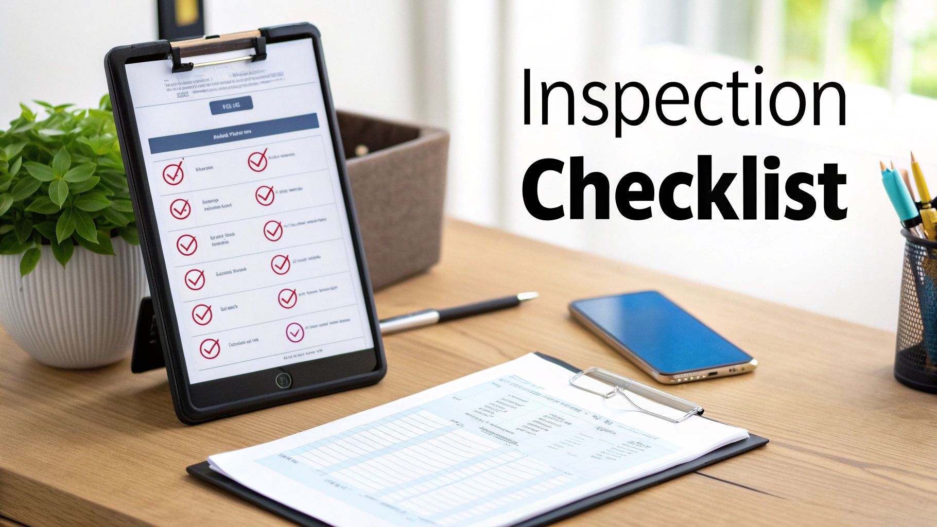 A desk with an iPad showing a digital inspection checklist, a physical clipboard, and office supplies.