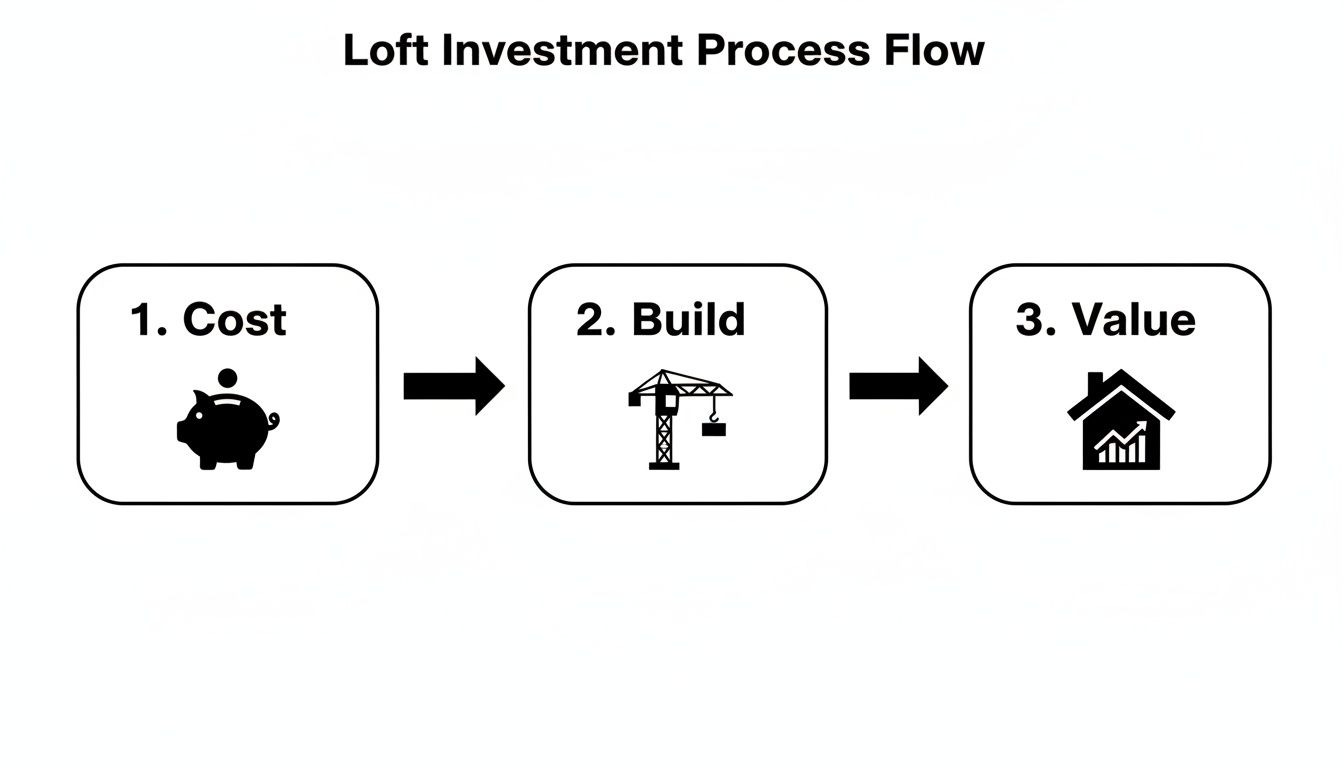 Diagram showing the Loft Investment Process Flow: Cost, Build, and Value, with corresponding icons.