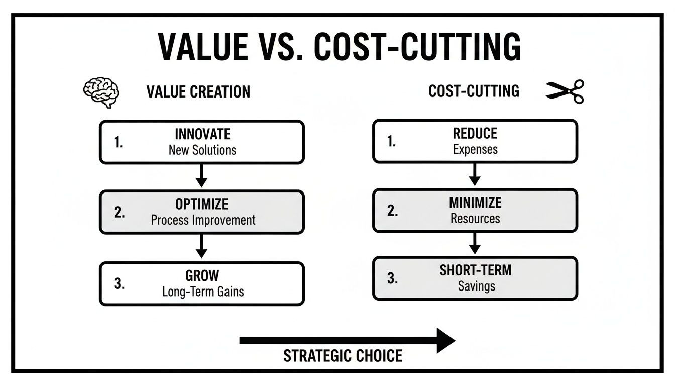 Diagram illustrating the strategic choice between value creation (innovate, optimize, grow) and cost-cutting (reduce, minimize, short-term).