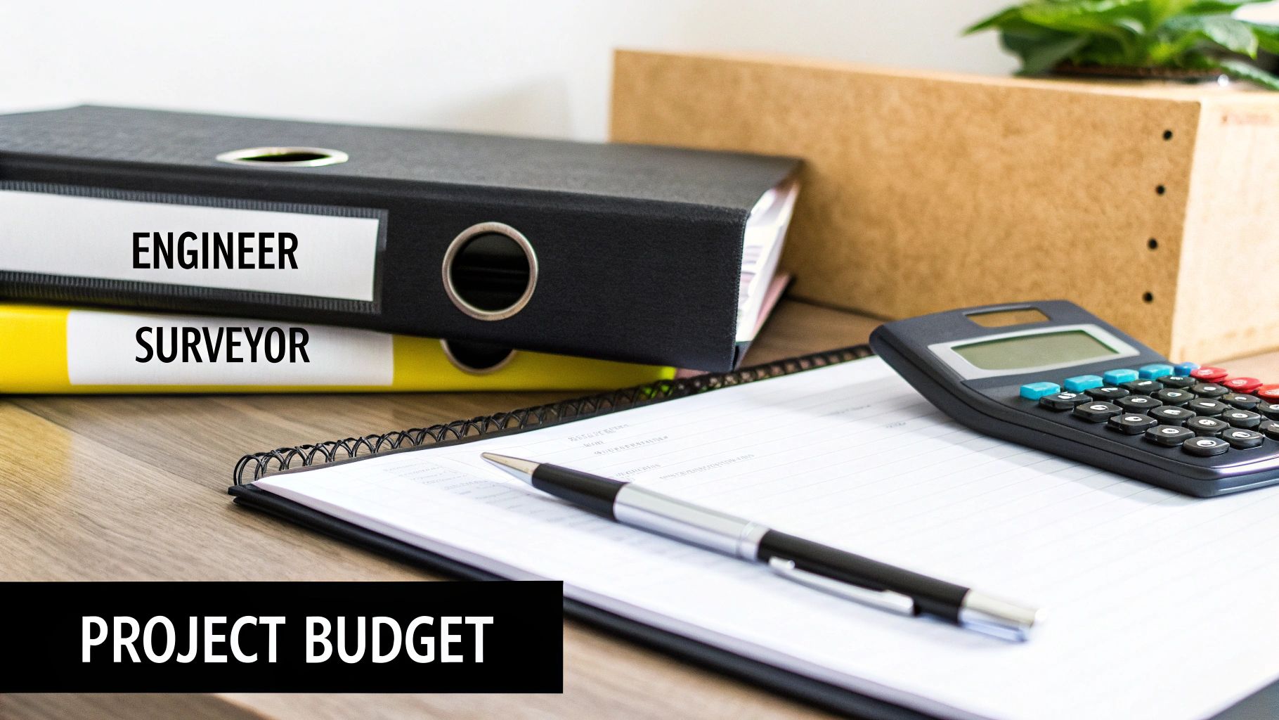 Office desk with engineer and surveyor binders, calculator, pen, notepad, and 'Project Budget' text.