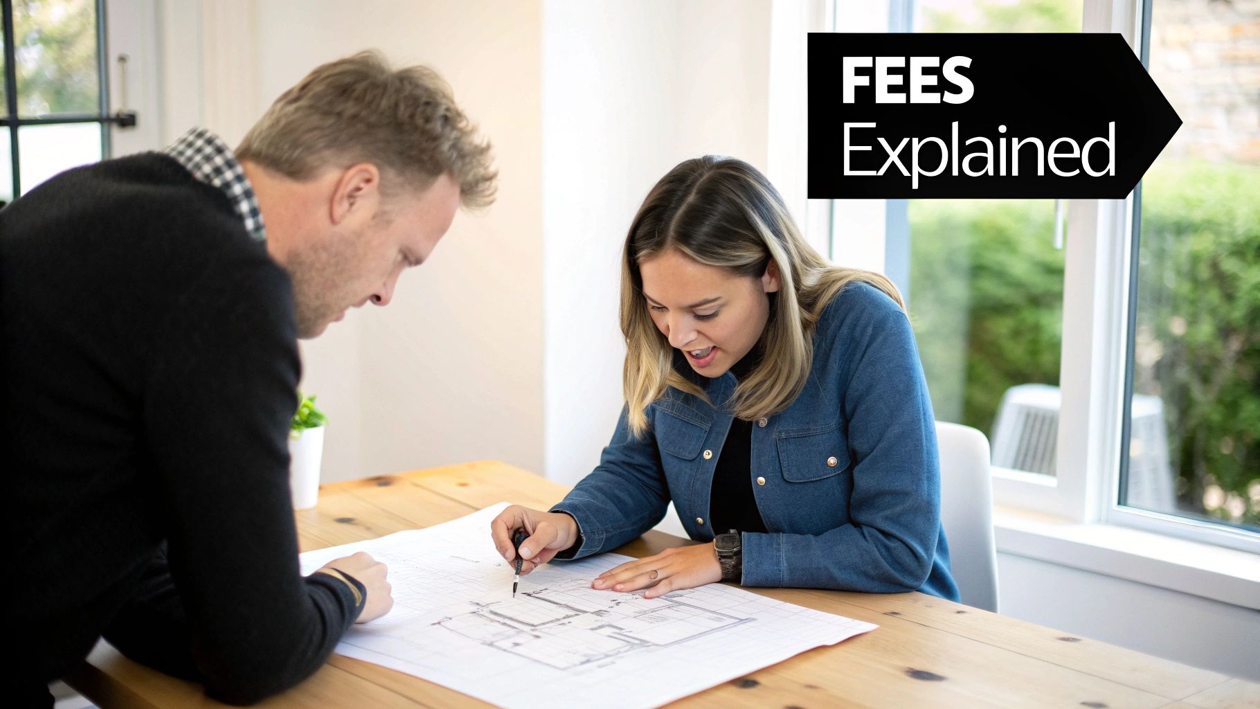 A man and a woman are discussing architectural plans on a wooden table, with the text 'FEES Explained' in the top right.