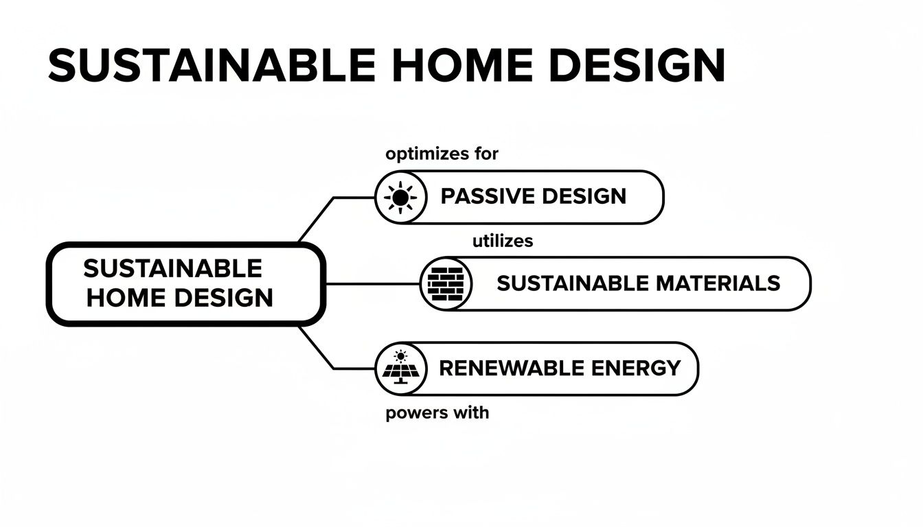 A diagram illustrating sustainable home design, optimizing for passive design, utilizing sustainable materials, and powering with renewable energy.