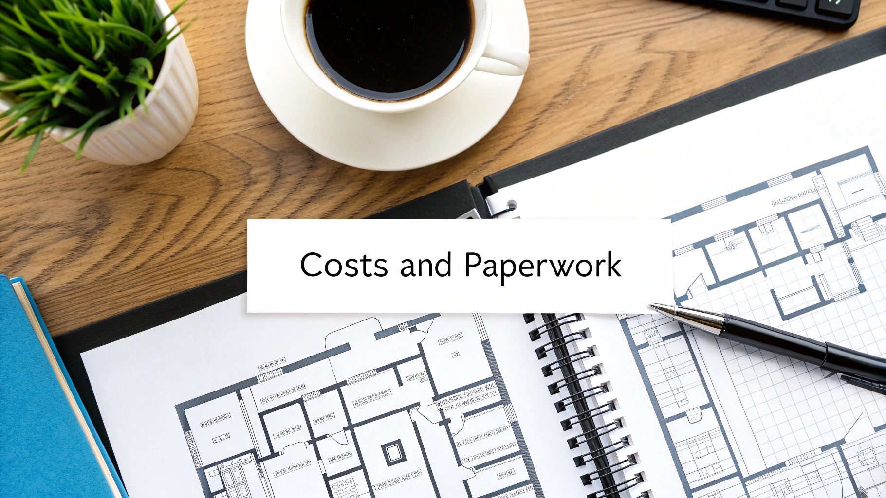 A top-down view of a desk with house blueprints, a coffee, a plant, and a 'Costs and Paperwork' note.
