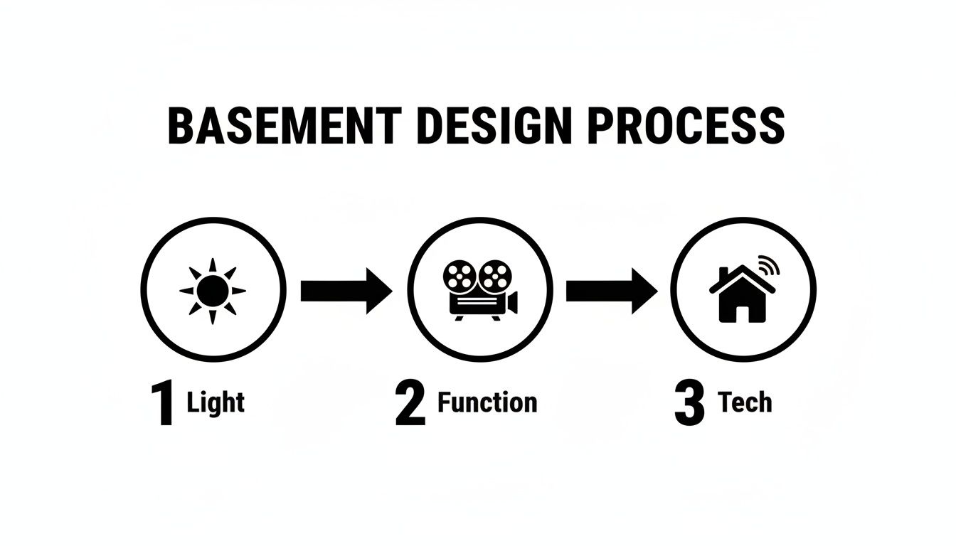 Basement design process diagram detailing steps: 1 Light, 2 Function, and 3 Tech with icons.