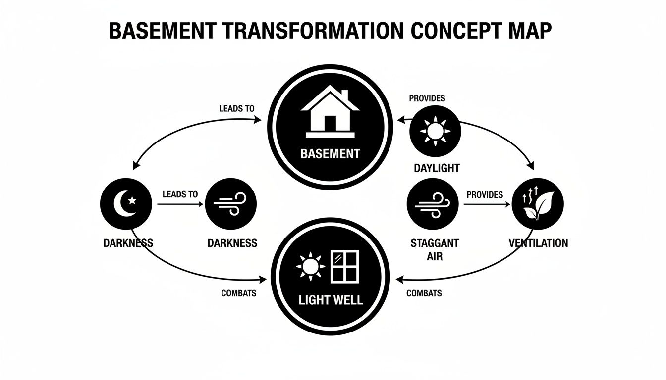 Concept map illustrating how light wells transform basements by combating darkness and stagnant air, improving daylight and ventilation.