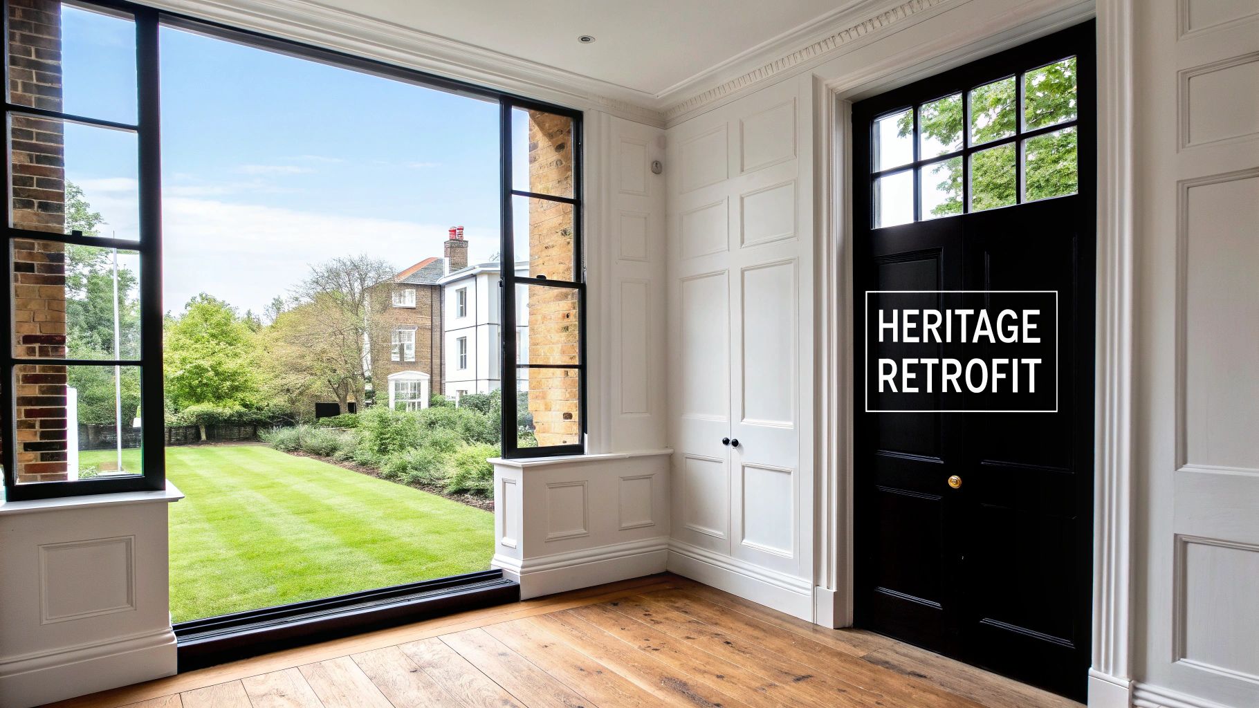 A stylish room with a large window overlooking a green garden and a black paneled door.