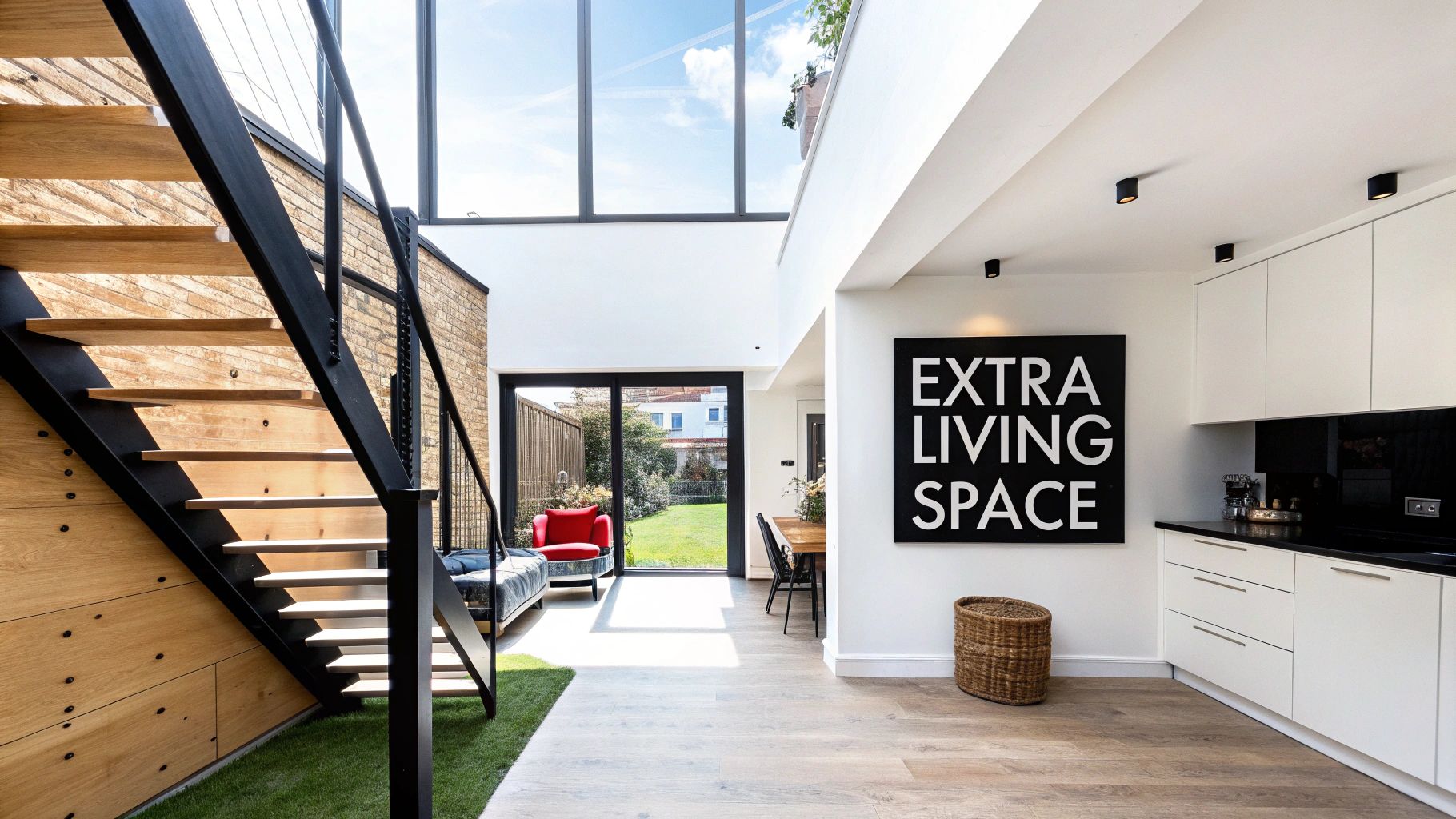 A modern open-plan living space with a wooden staircase, kitchen, and garden access.