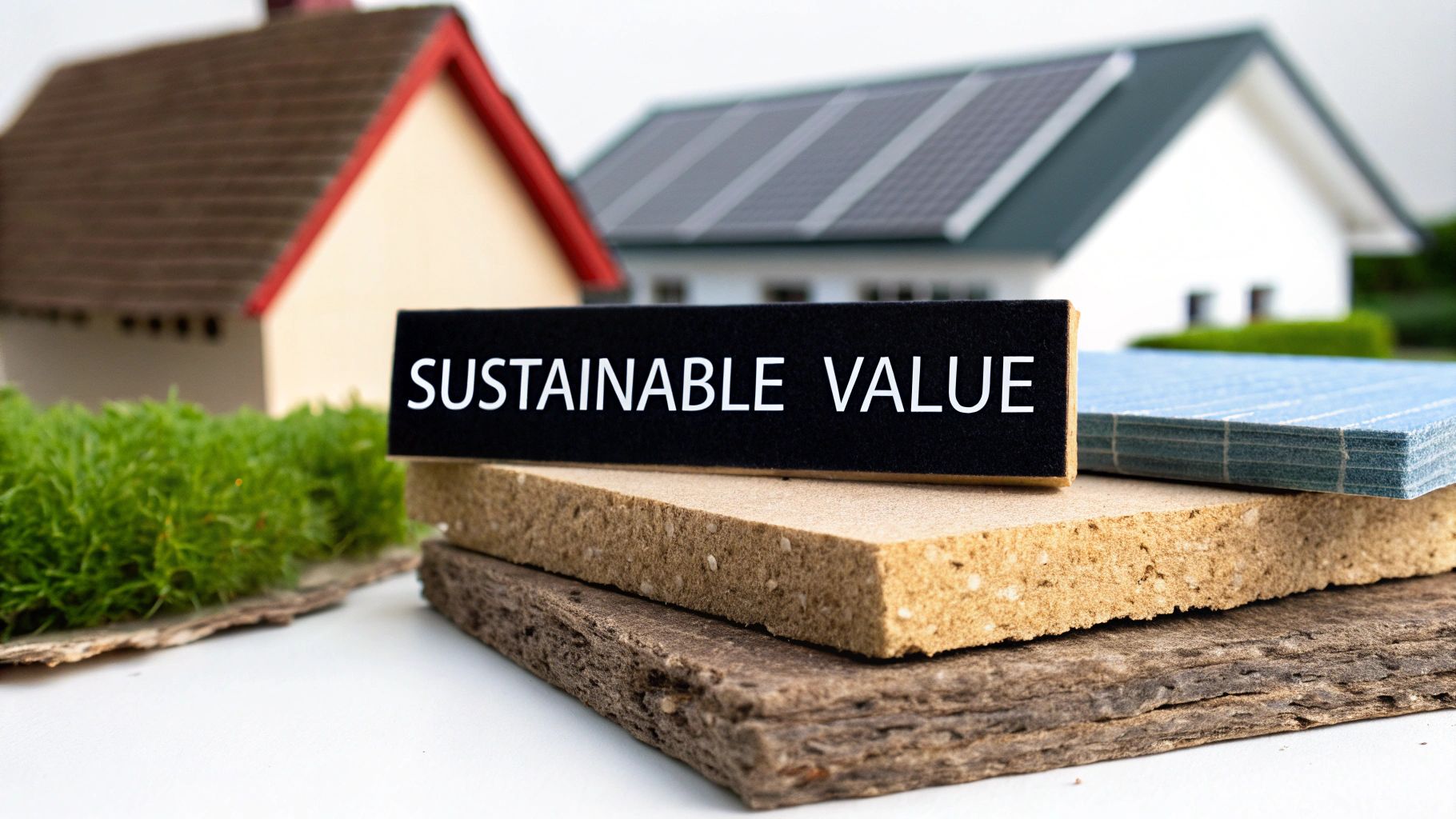A 'SUSTAINABLE VALUE' sign rests on various building insulation materials, with miniature homes, one featuring solar panels.