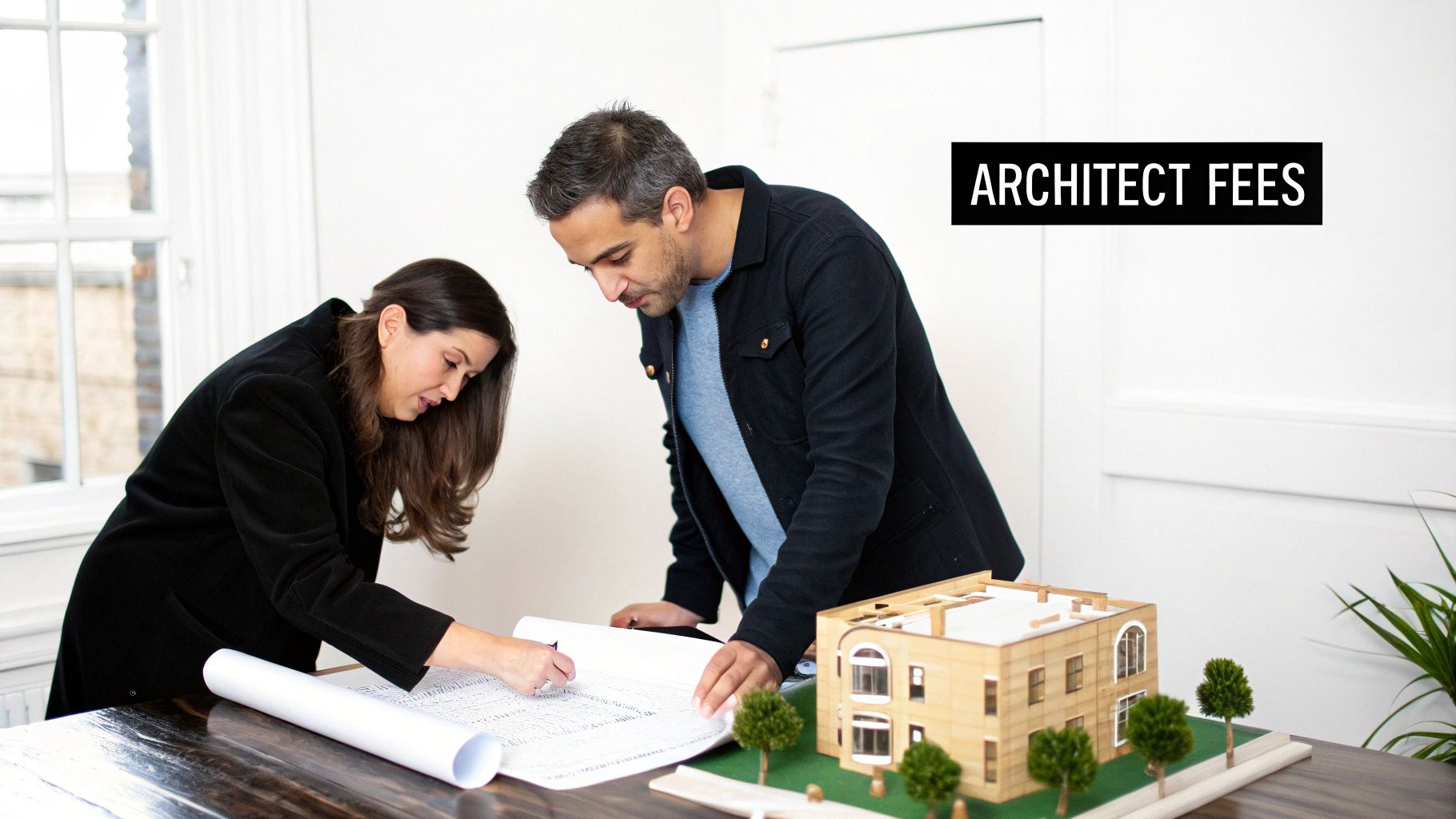 Two architects review blueprints and a building model, discussing design in an office.