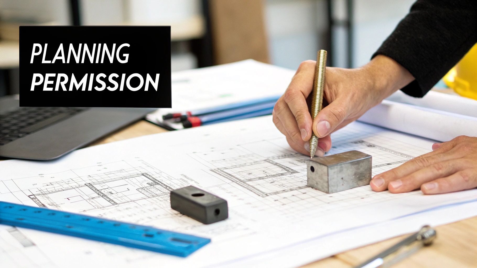 A person's hands are drawing on architectural blueprints with drafting tools, beneath a 'PLANNING PERMISSION' text overlay.