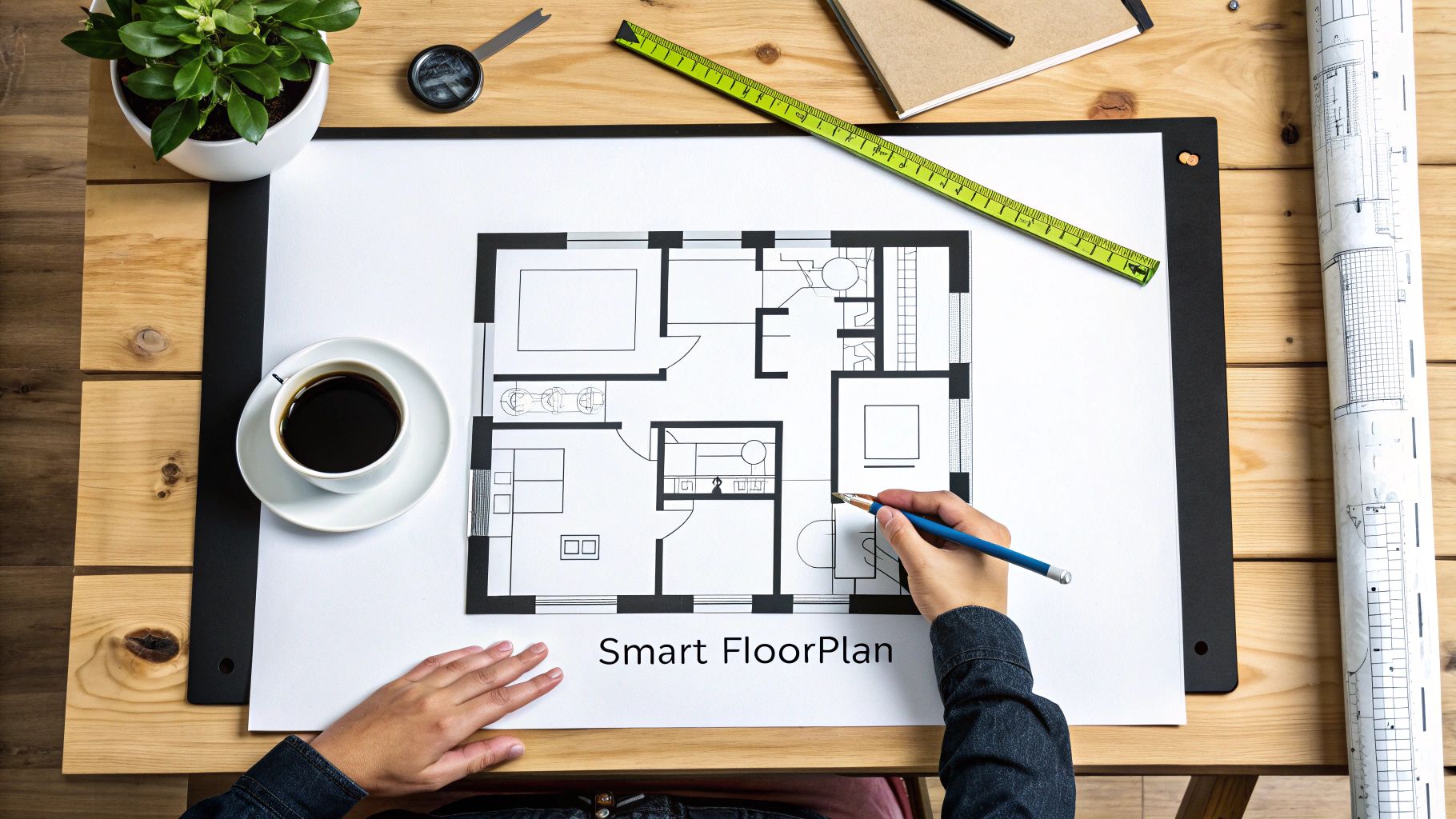 Overhead view of a person drawing a house floor plan on a desk with coffee and design tools.