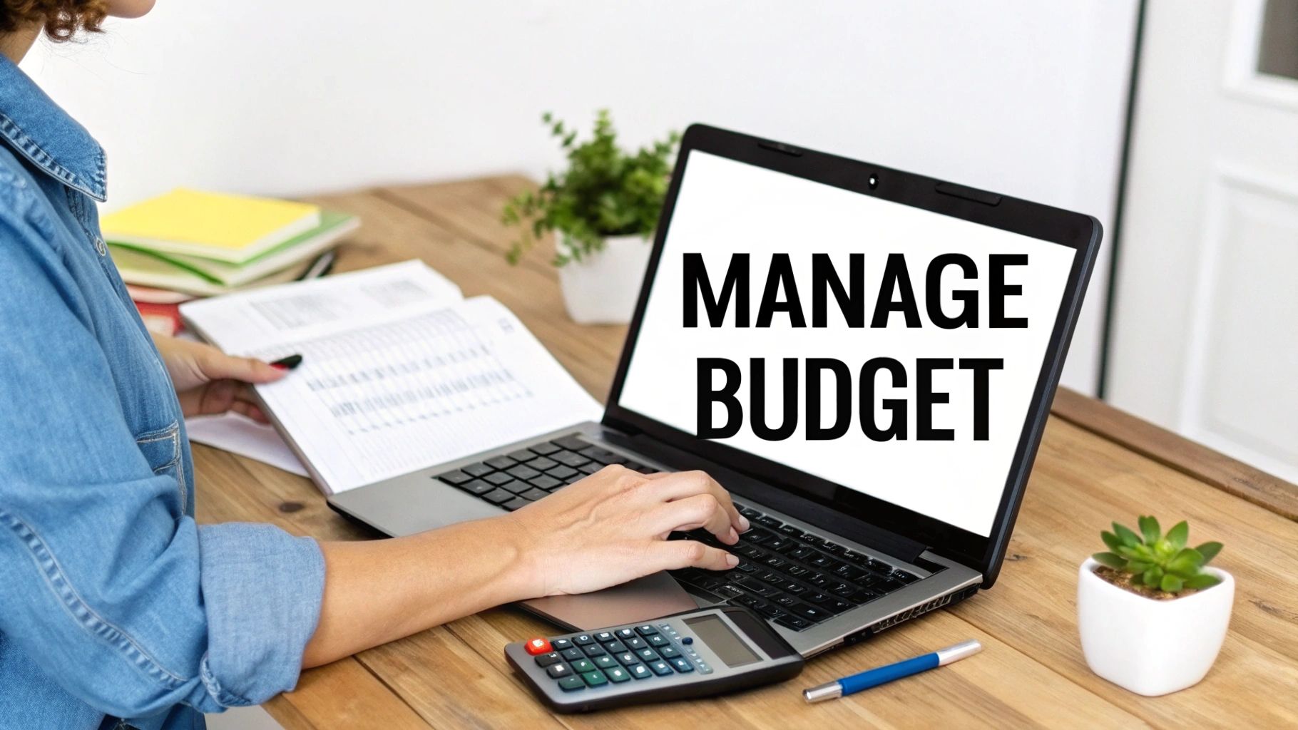 Woman managing budget at a wooden desk, using laptop, calculator, and financial papers.