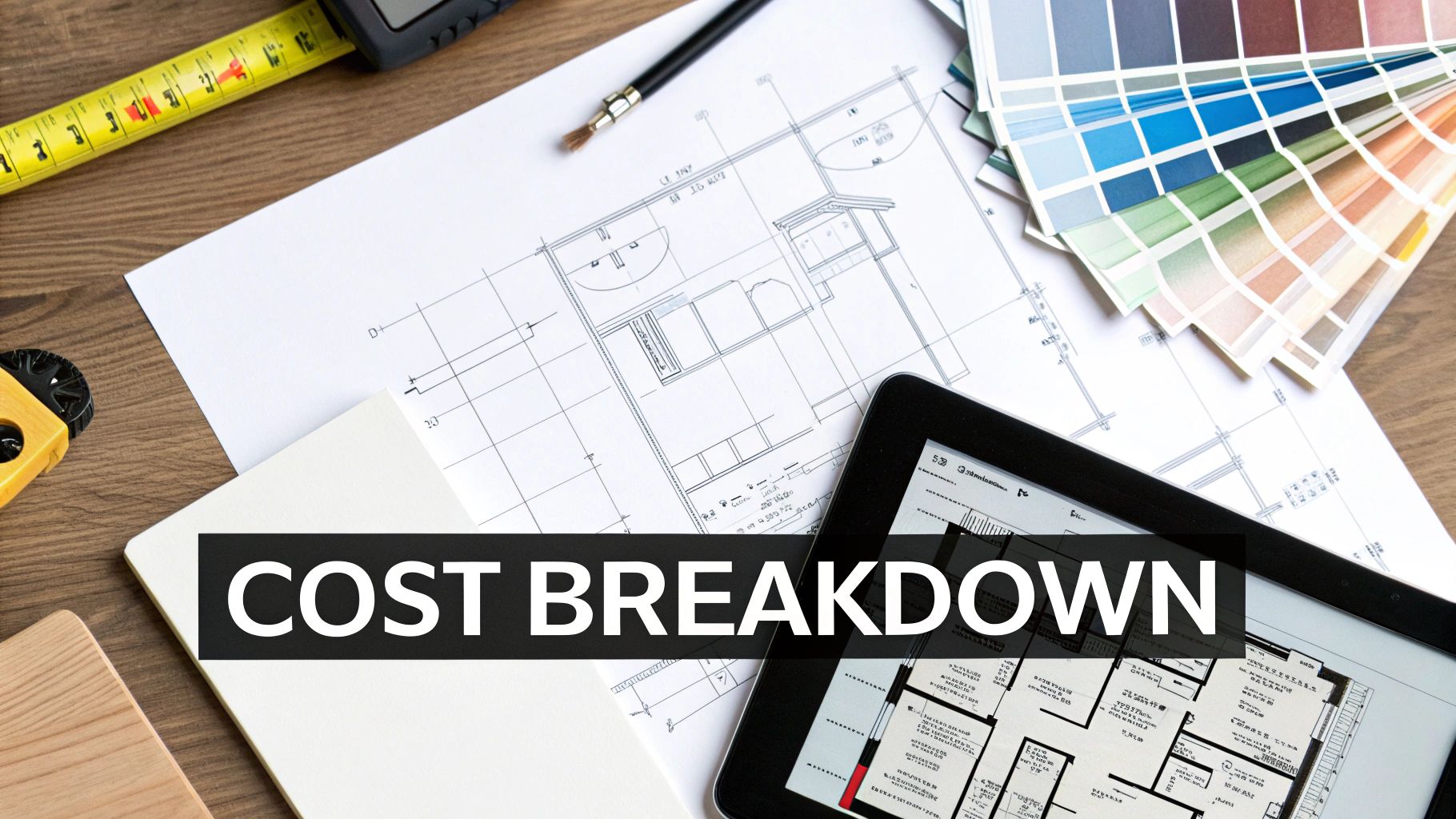 A flat lay of architectural plans, a tablet, color swatches, and a measuring tape, with 'COST BREAKDOWN' text overlay.