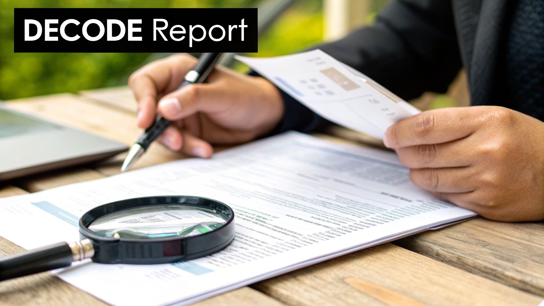 Person reviewing a 'DECODE Report' document with a pen and magnifying glass on a wooden table.