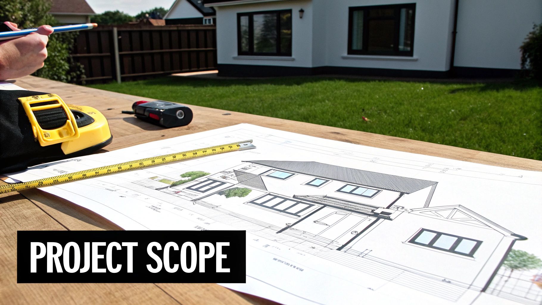 Architectural blueprint of a house with tools and a person sketching, representing project scope.
