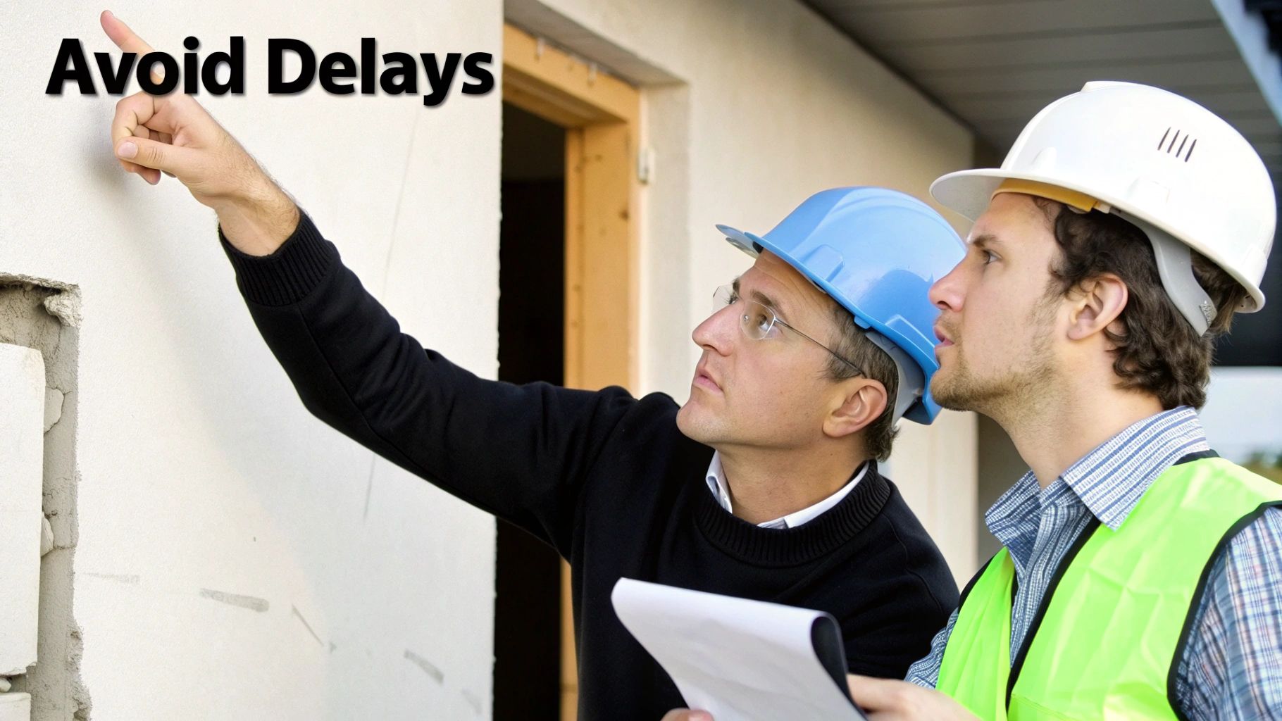 Two construction workers in hard hats inspecting a building wall, pointing and reviewing plans.