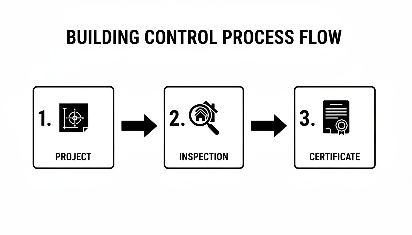 Flowchart illustrating the three-step building control process: project, inspection, and certificate.