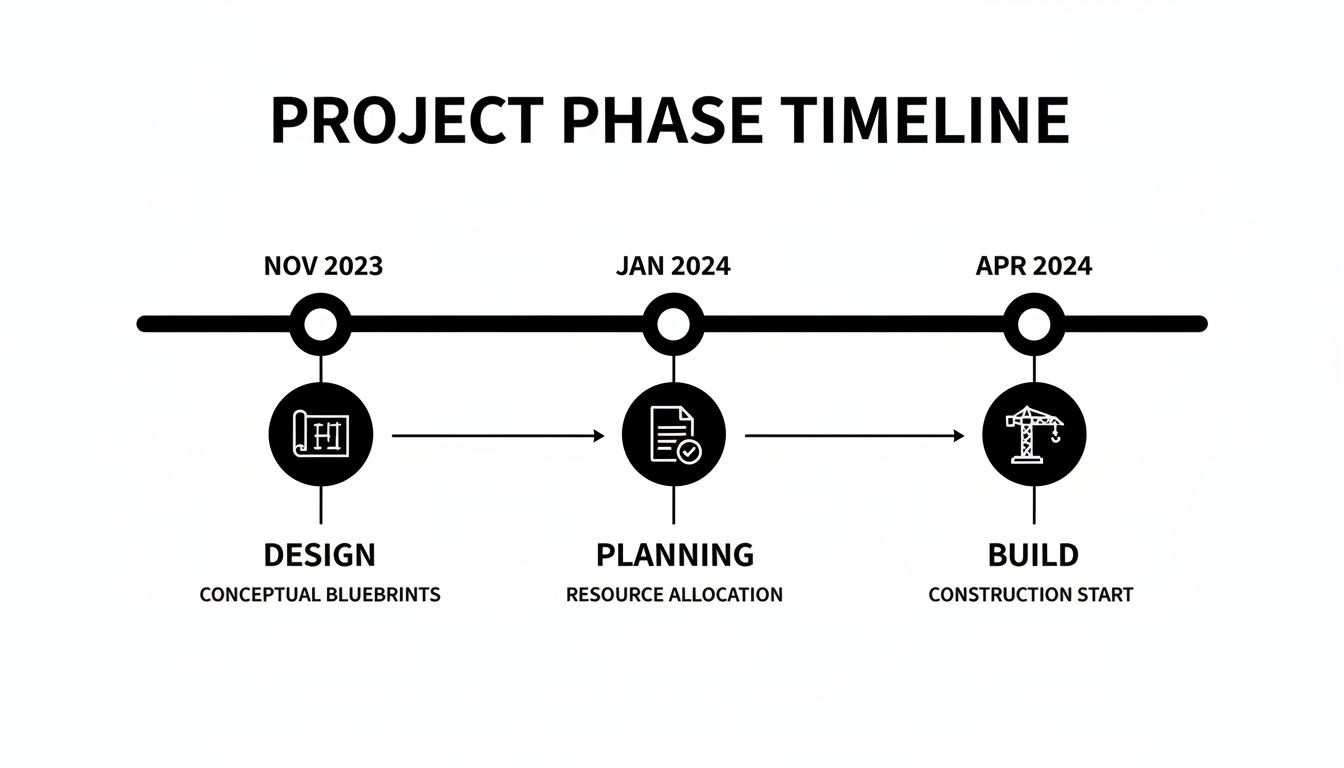 A project phase timeline showing design, planning, and build stages with dates and descriptions.