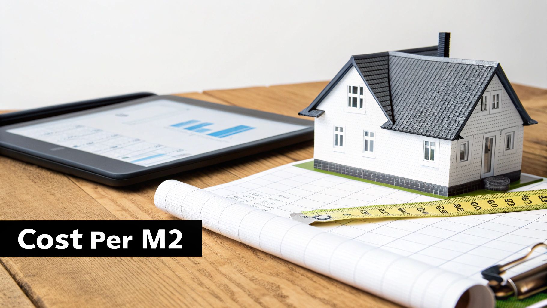 A miniature house, measuring tape, and blueprint on a desk with a tablet displaying charts.
