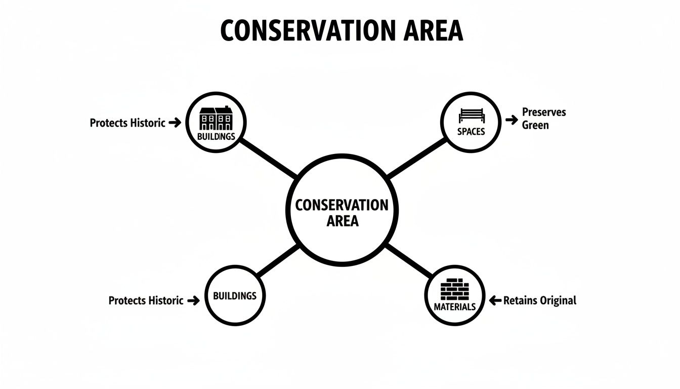 A diagram titled 'Conservation Area' showing it protects historic buildings, preserves green spaces, and retains original materials.