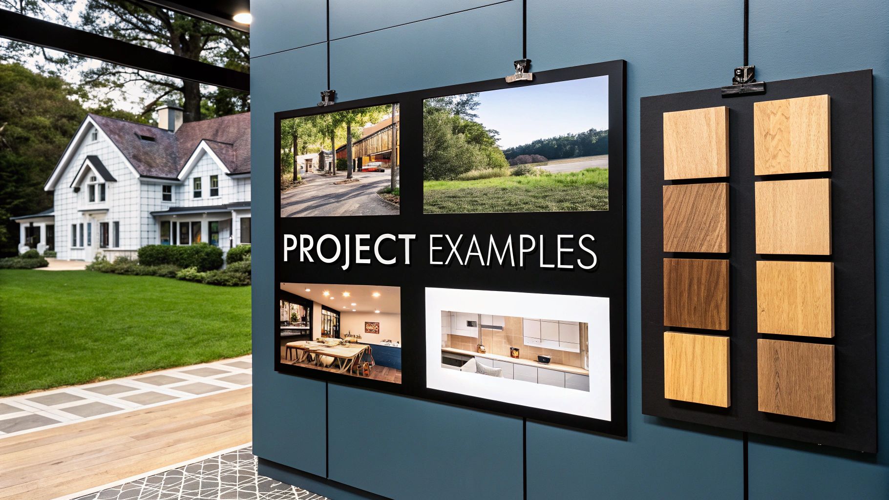 A display board showcasing project examples for home remodeling, with images of houses, interiors, and wood finishes.