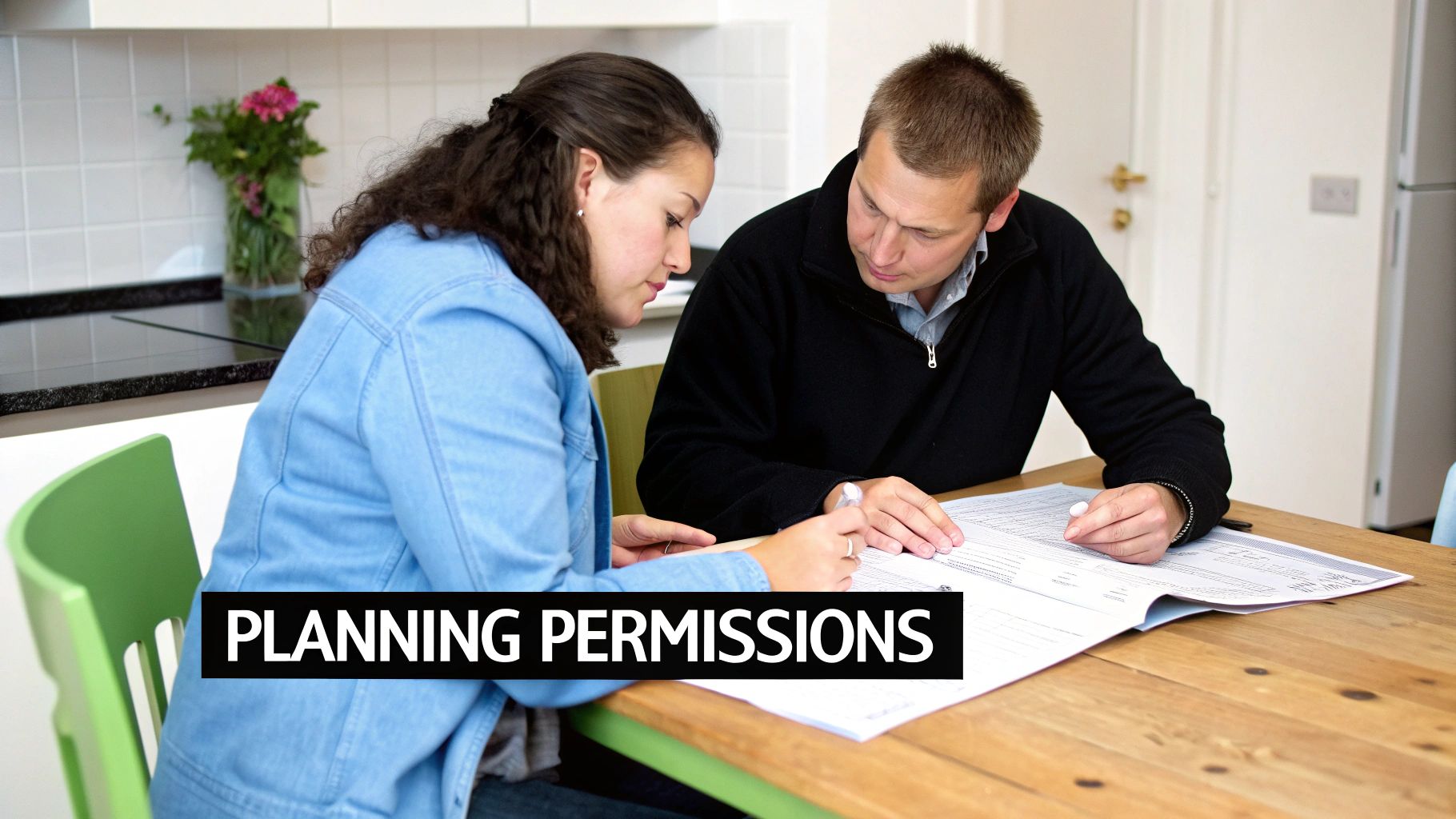 A man and woman review paperwork at a wooden table, discussing planning permissions in a home.