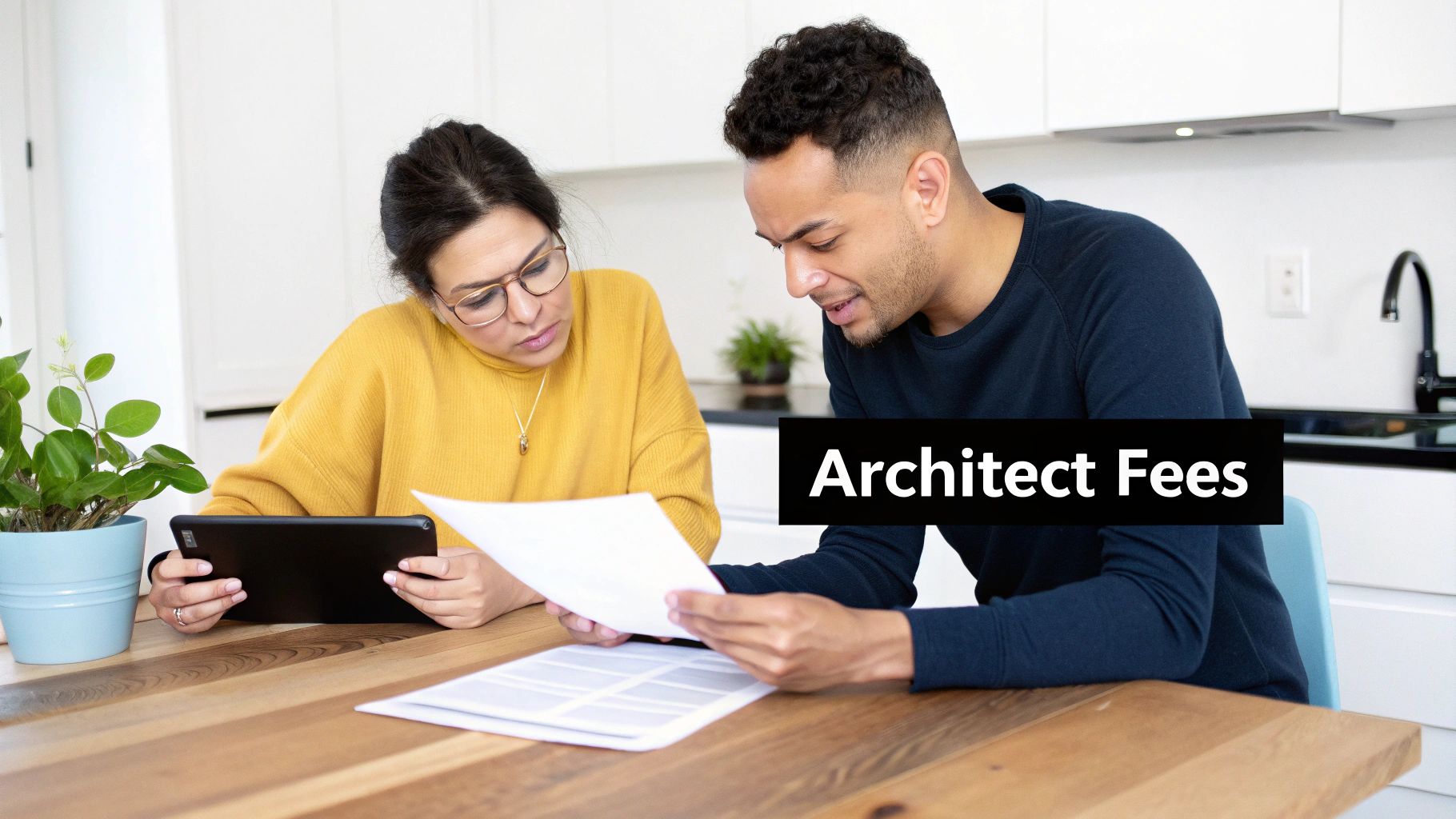 A couple reviewing documents and a tablet at a table, discussing architect fees.