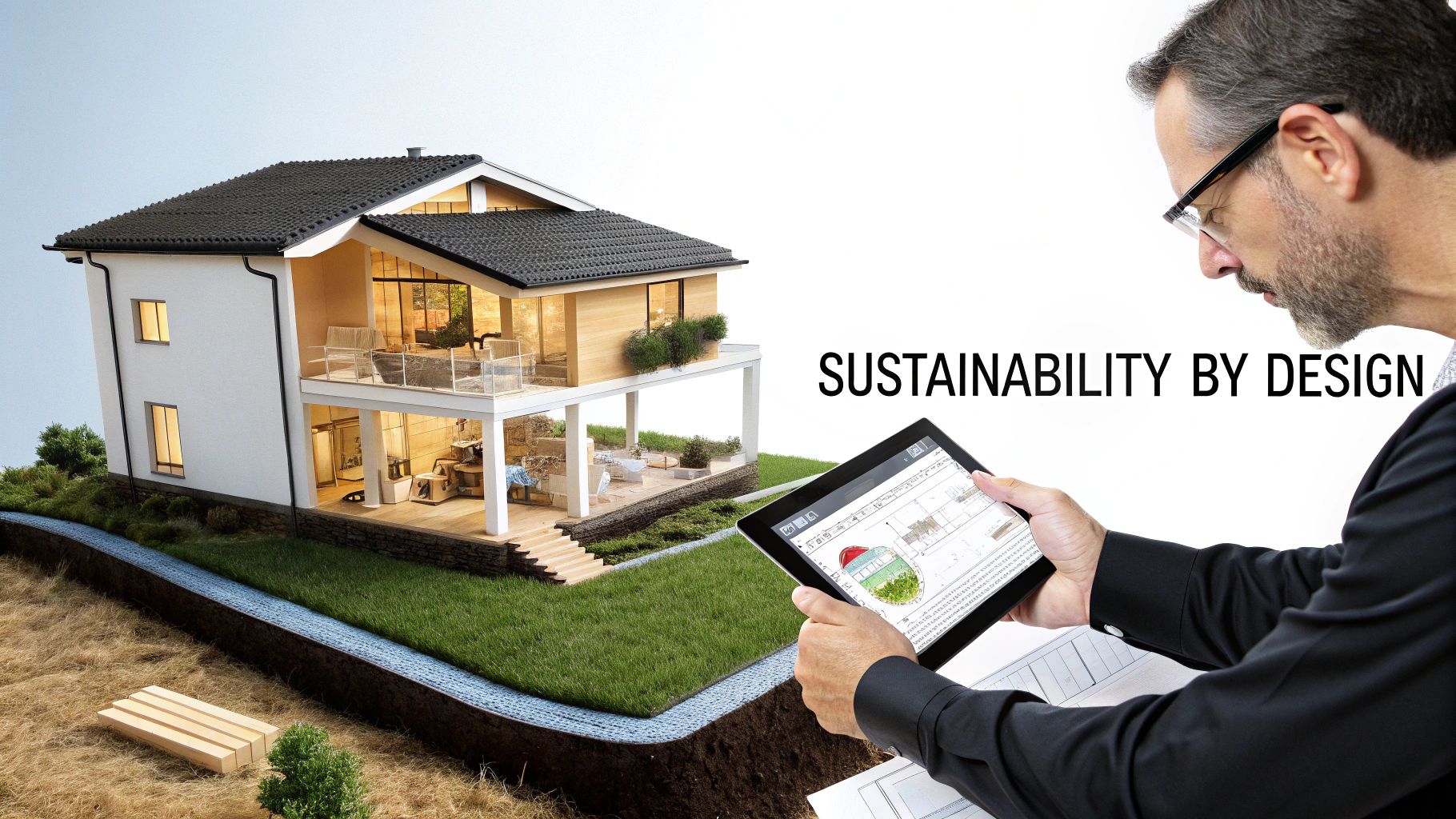 Architect with tablet reviewing sustainable house plans next to a detailed model of an eco-friendly home.