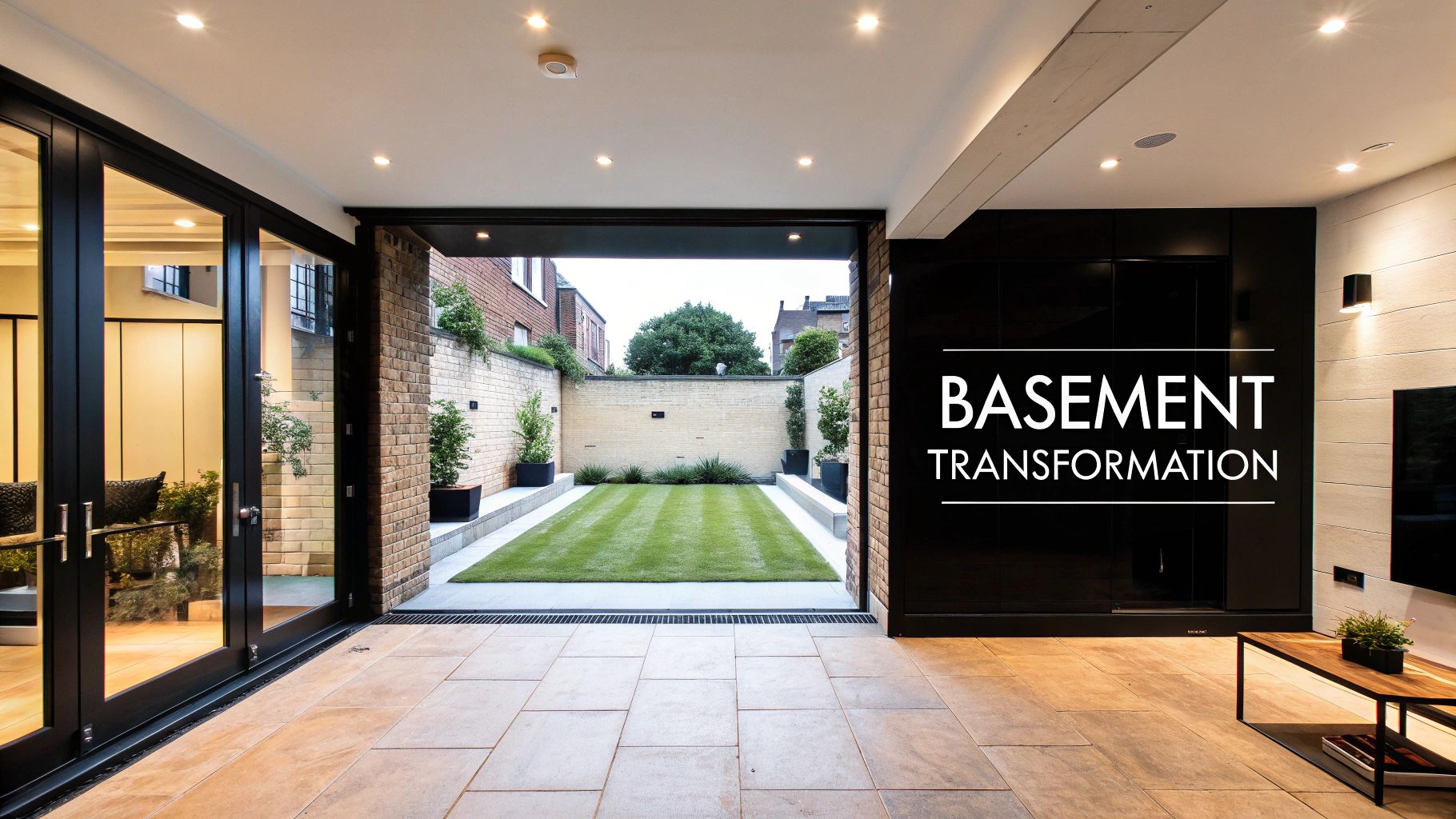 Bright basement transformation with glass doors opening to a lush outdoor light well.