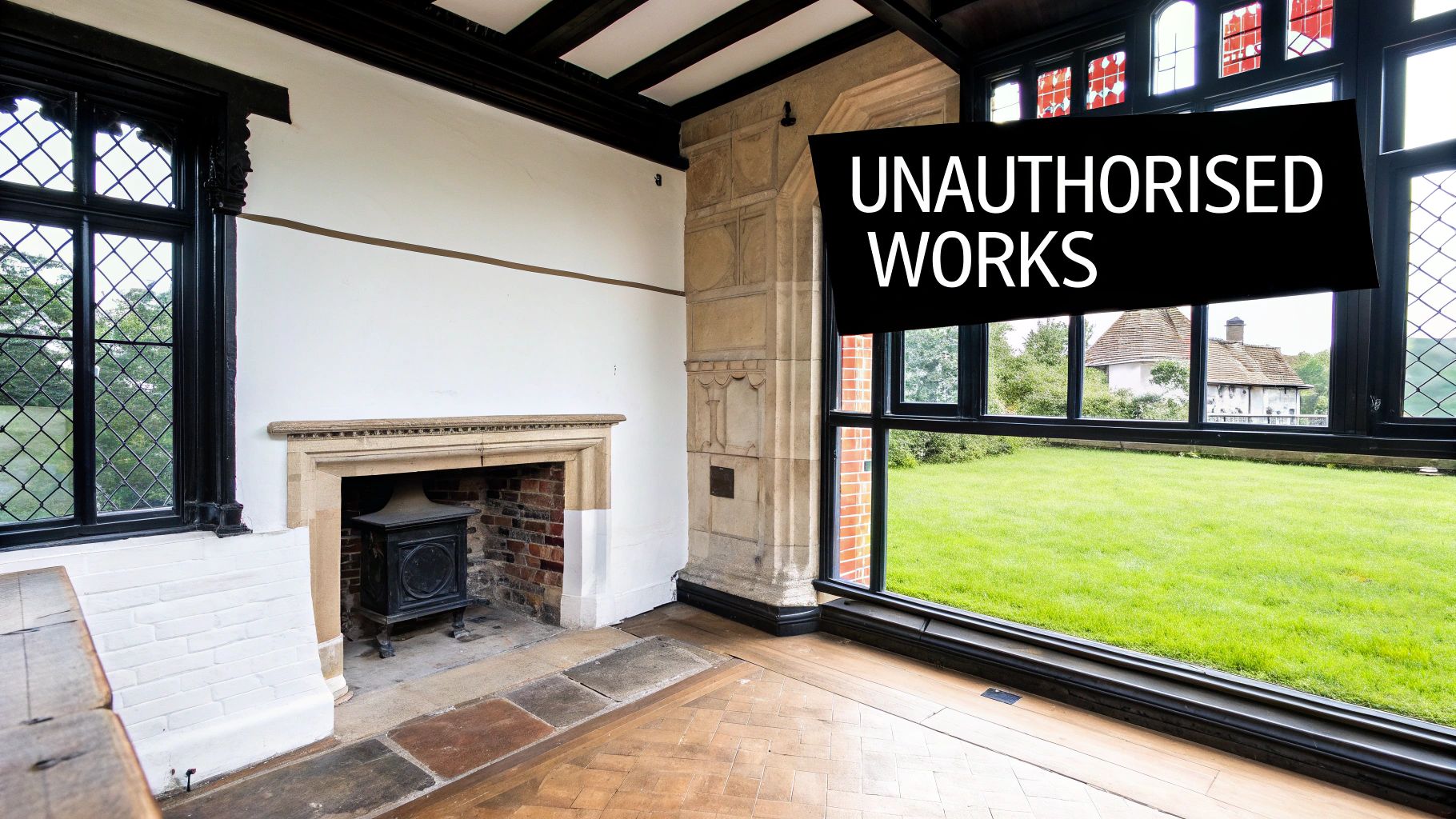 Interior of a historic room with fireplace and large windows overlooking a lawn, labeled 'UNAUTHORISED WORKS'.