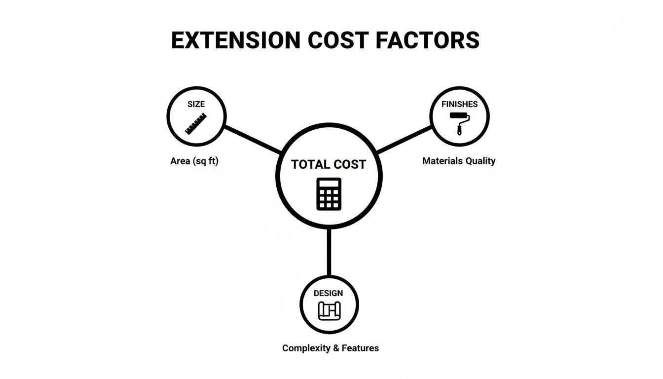 A diagram illustrating key factors influencing extension total cost: size (area), finishes (materials quality), and design (complexity).