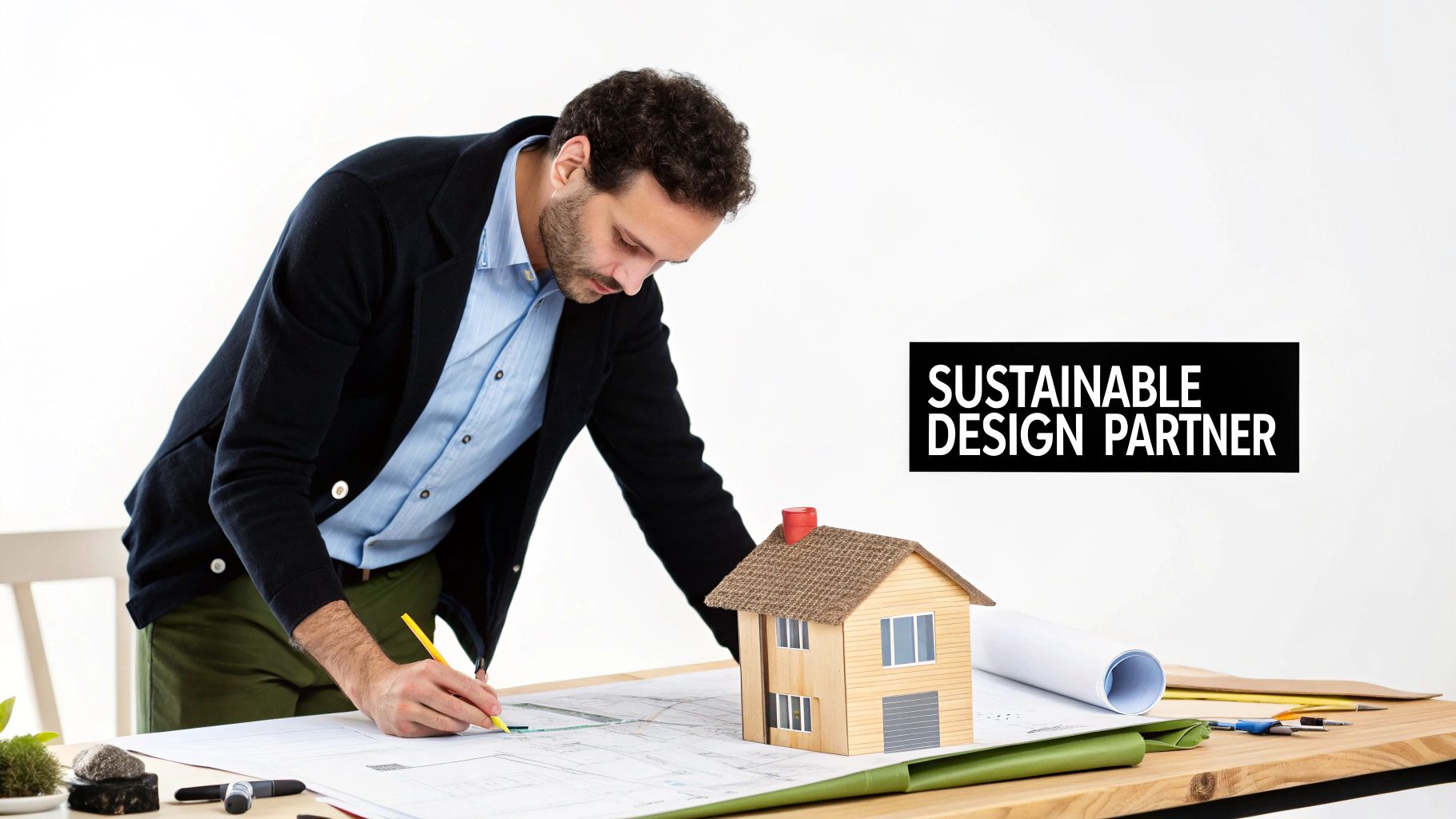A male architect drawing on blueprints with a house model, focused on sustainable design.