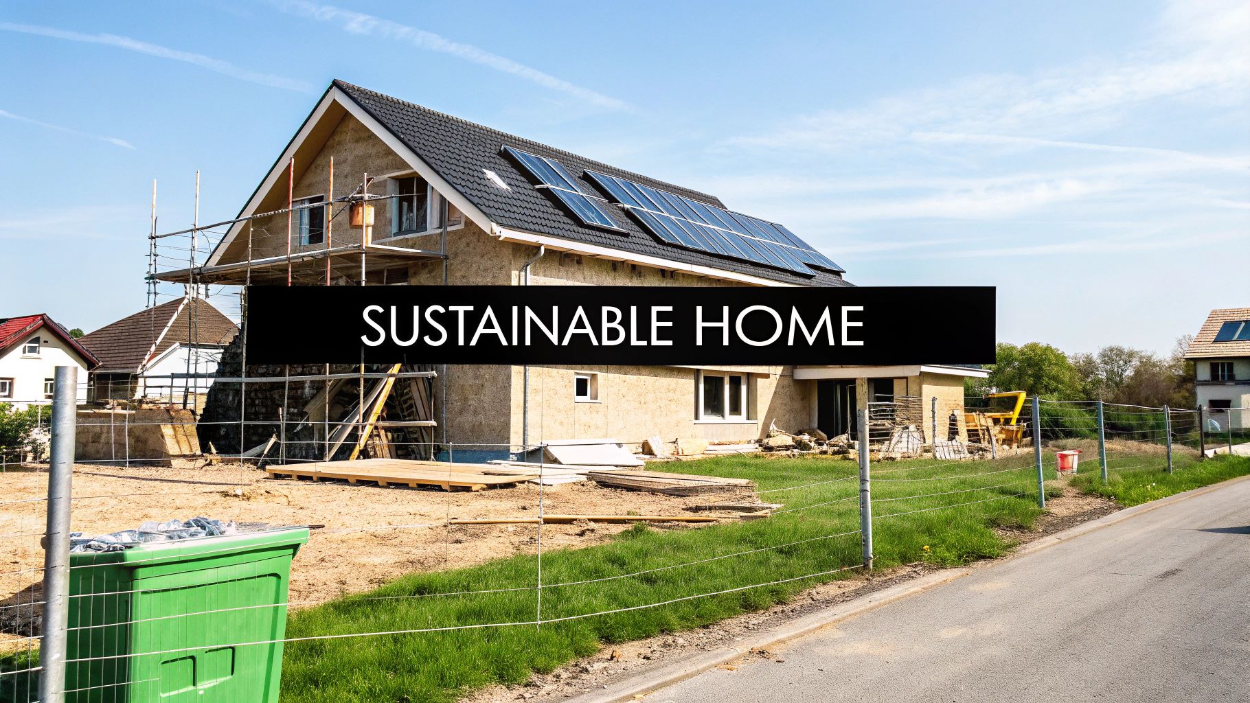 A sustainable home under construction, featuring solar panels on the roof and scaffolding.