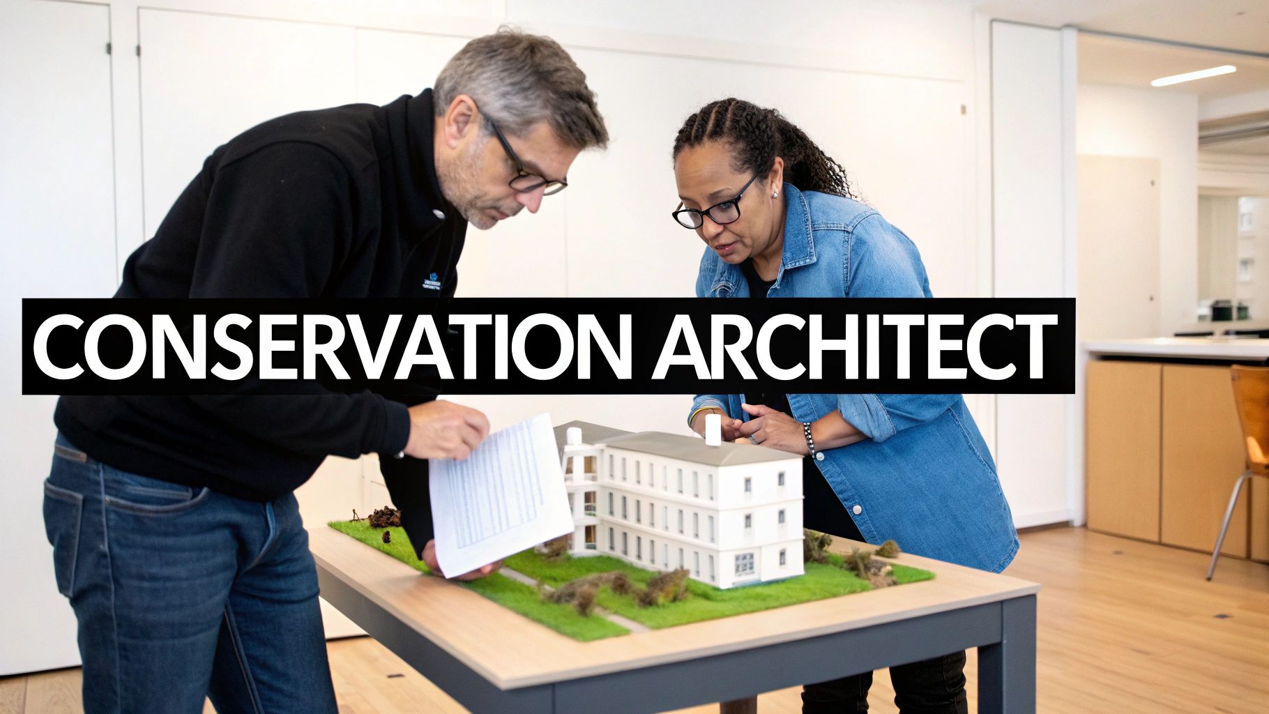 Two conservation architects examining a detailed architectural model of a building for planning permission.