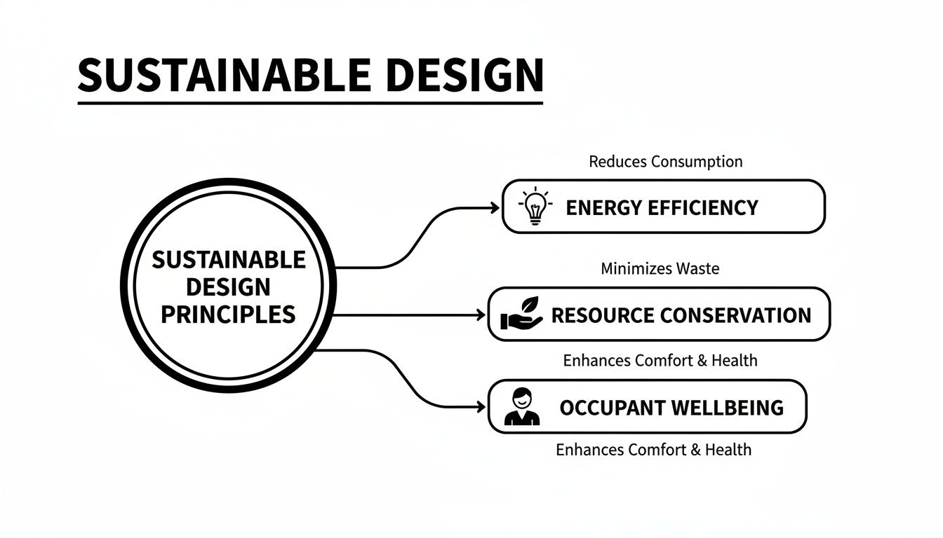 Diagram illustrating sustainable design principles: energy efficiency, resource conservation, and occupant wellbeing, enhancing comfort and health.
