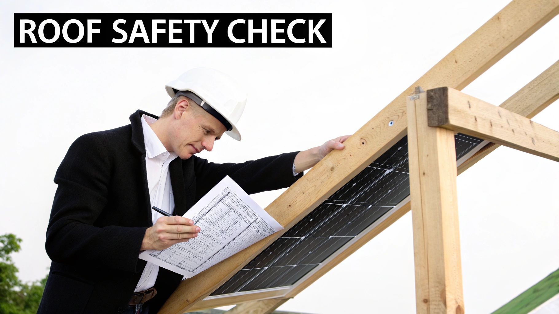 Engineer in hard hat checking solar panels and documents on a wooden roof frame.