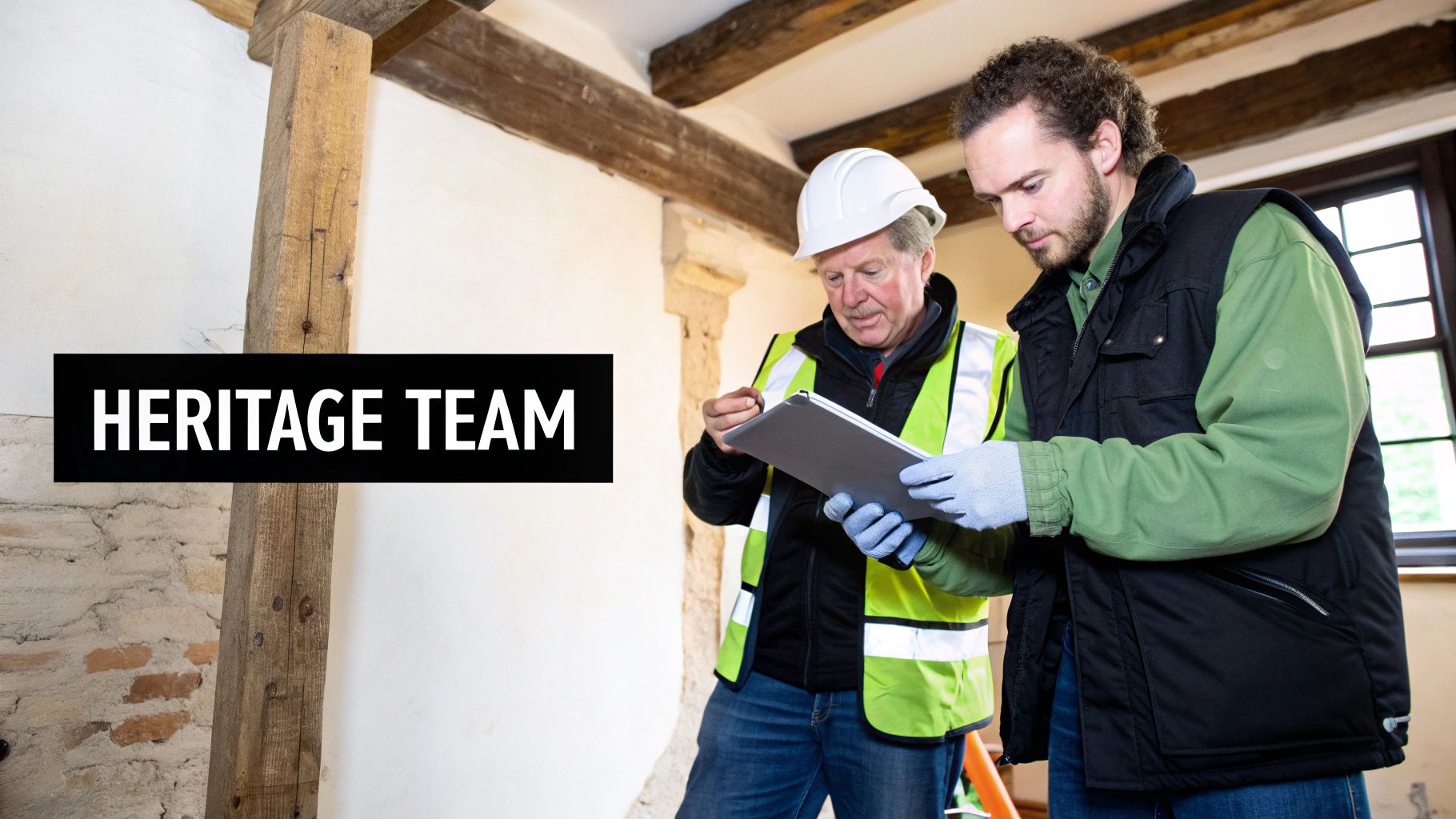 Two male heritage team members inspect documents in an old building during renovation.