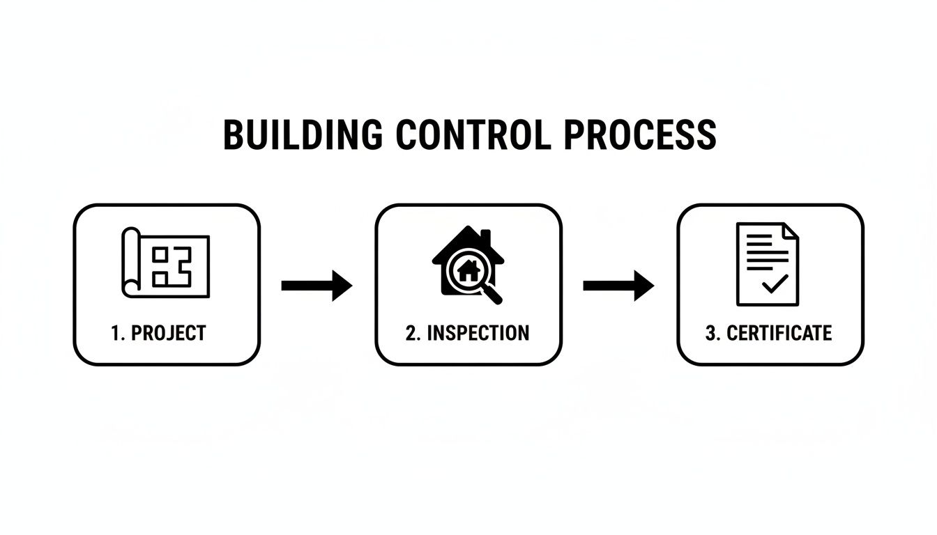A diagram illustrating the building control process flow, showing steps for project, inspection, and certificate.