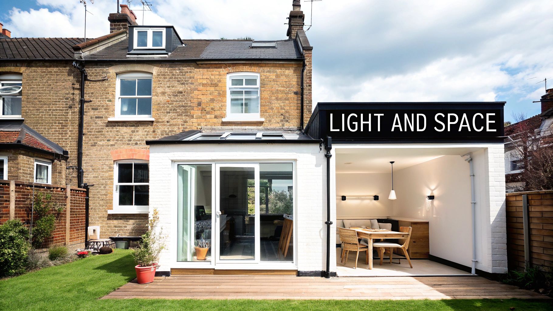 Rear view of a traditional brick house with a bright, open, white and glass extension leading to a garden.