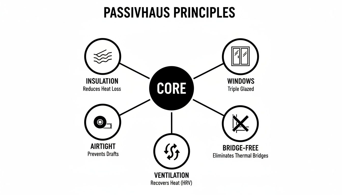 Diagram illustrating the five core principles of Passivhaus design: insulation, airtightness, windows, bridge-free construction, and ventilation.