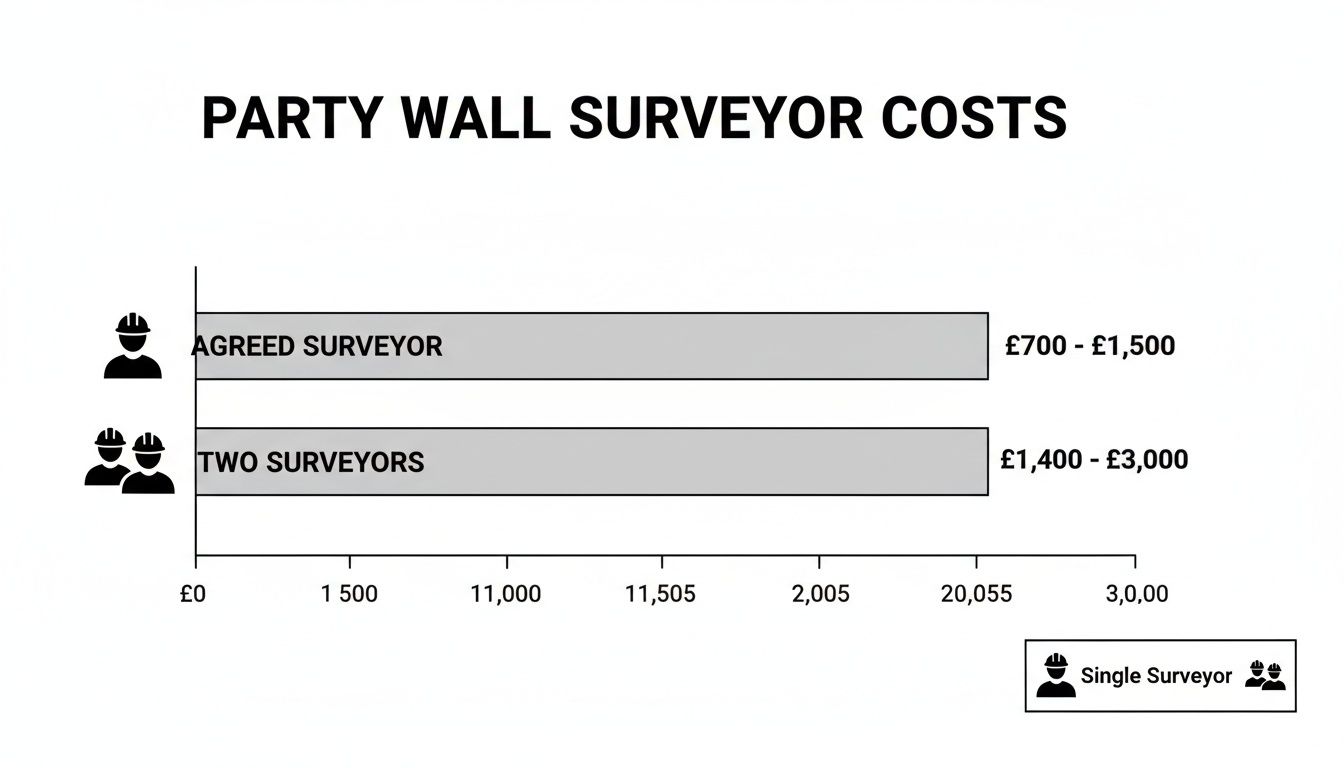 Bar chart illustrating party wall surveyor costs: Agreed Surveyor (£700-£1,500) and Two Surveyors (£1,400-£3,000).