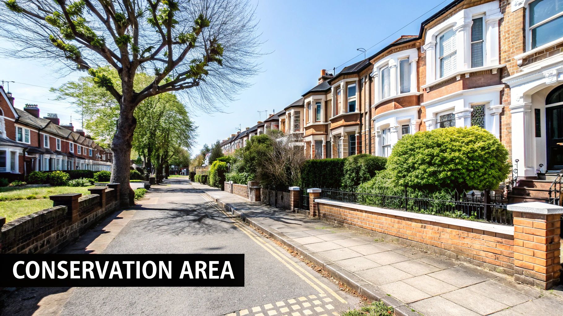 A tree-lined residential street with traditional brick houses under a blue sky, marked 'CONSERVATION AREA'.