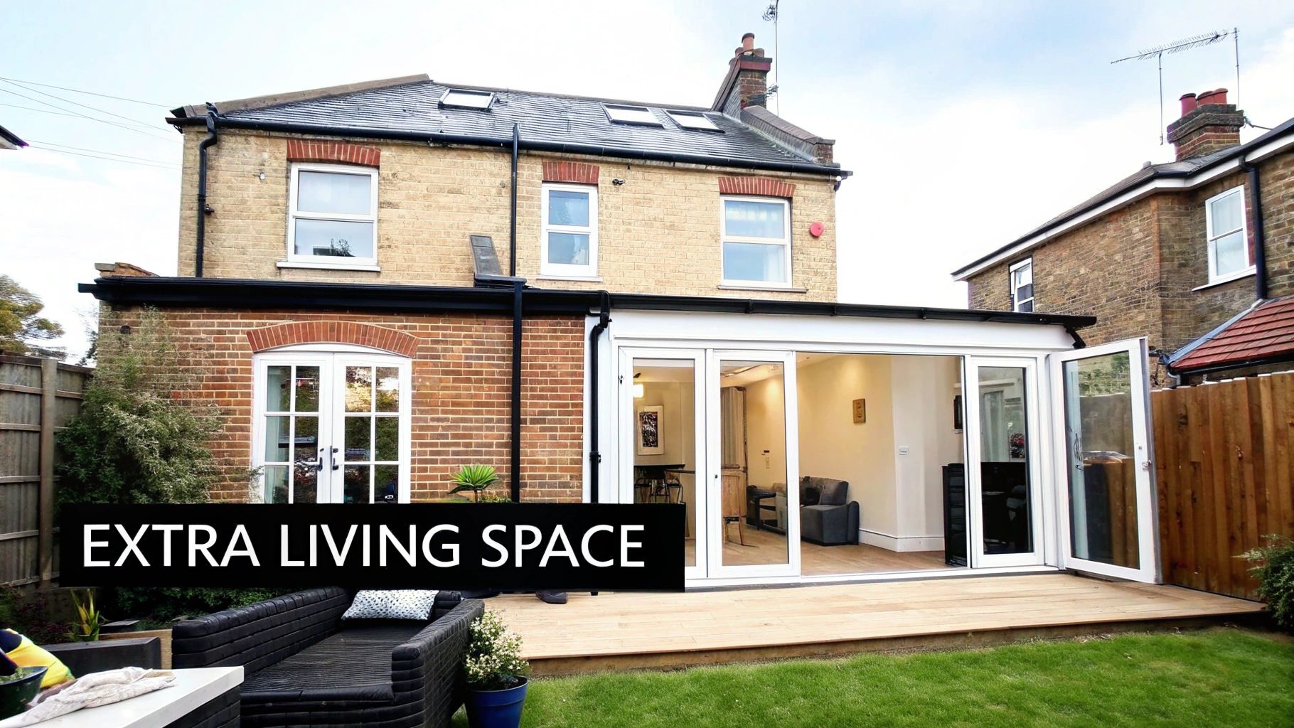 A modern house extension with bi-fold doors opens to a wooden deck and garden.