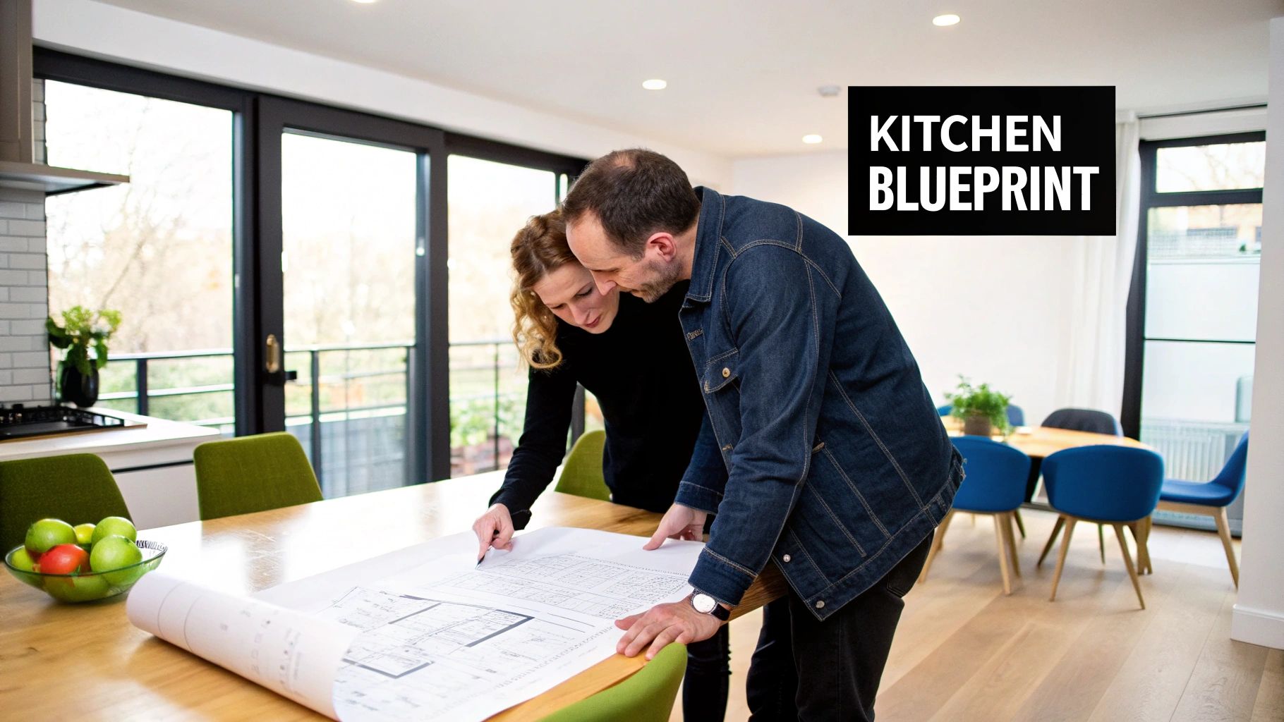 A couple reviews a large kitchen blueprint on a wooden table in their modern home.