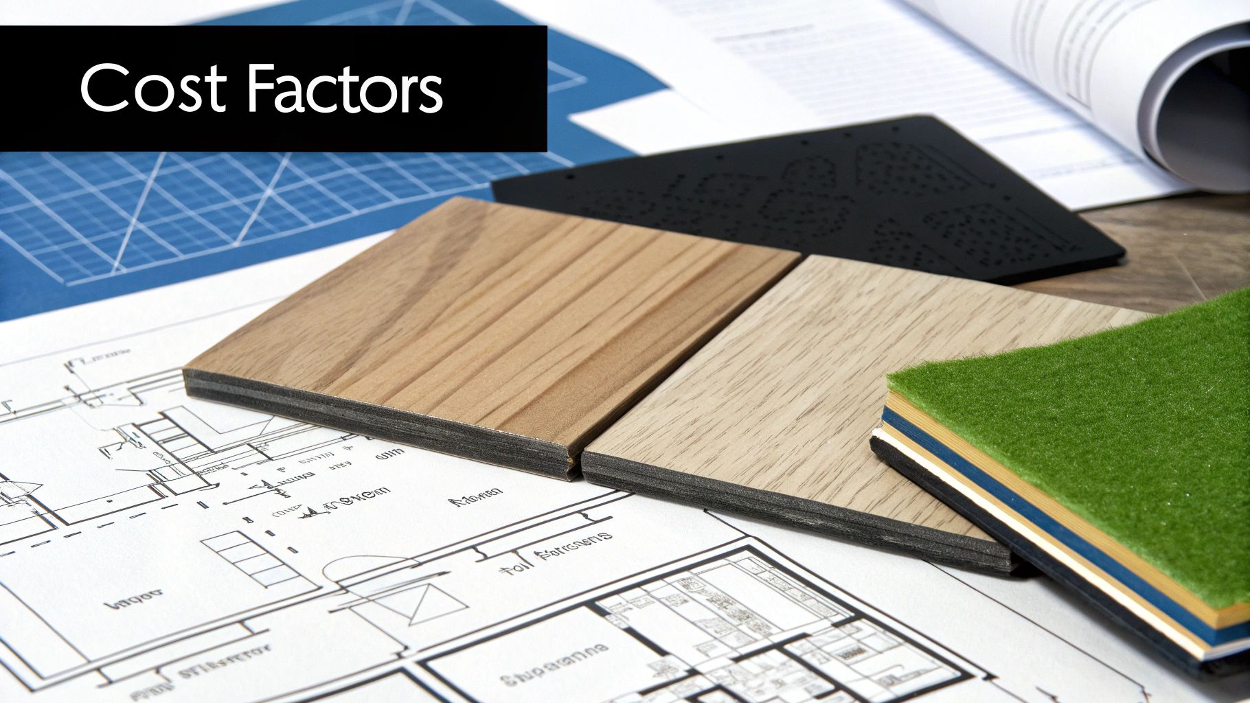 Architectural blueprints with various material samples, including wood and artificial grass, symbolizing cost factors.