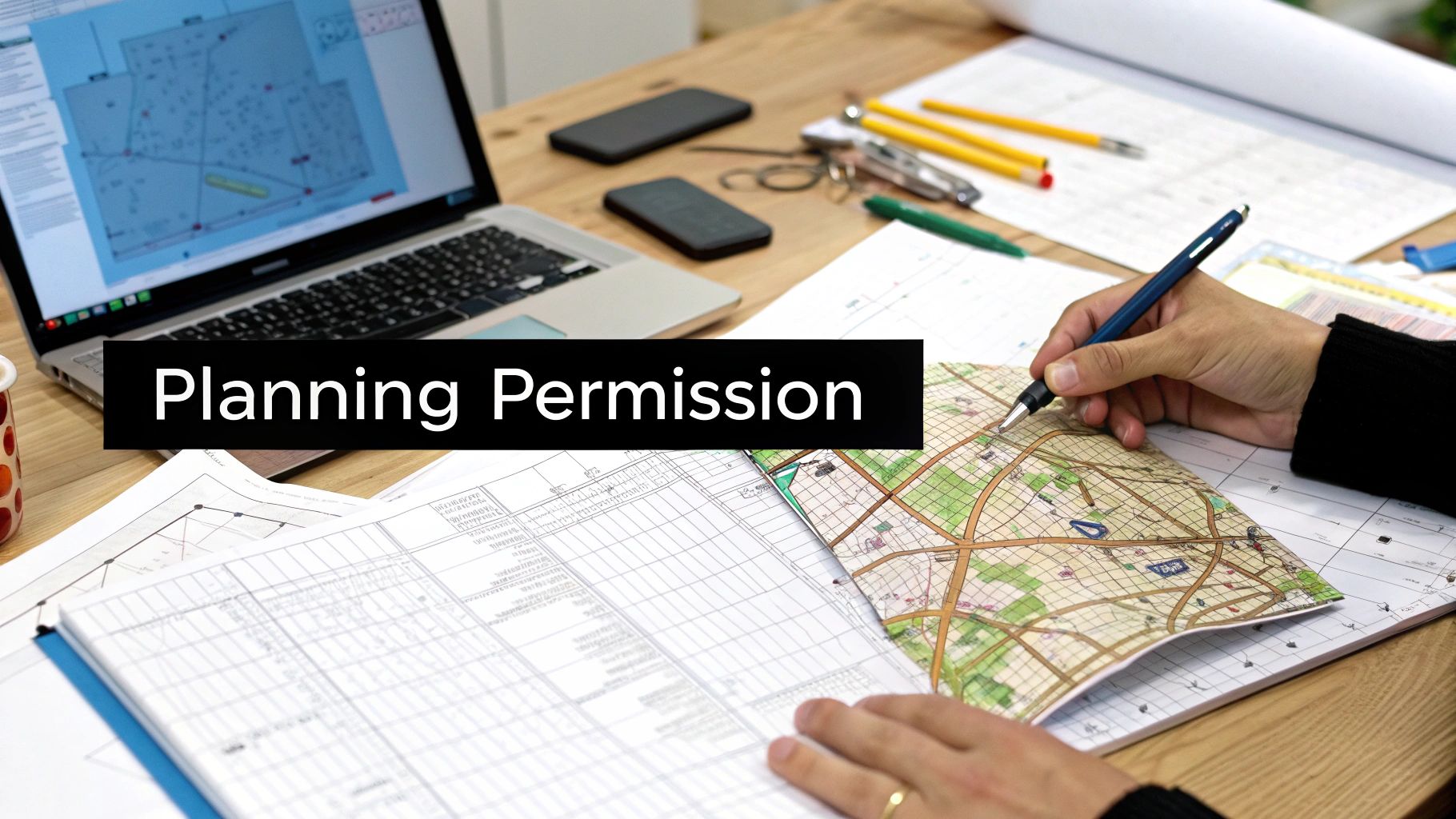 A person reviews architectural plans and urban maps on a desk, with 'Planning Permission' text overlay.