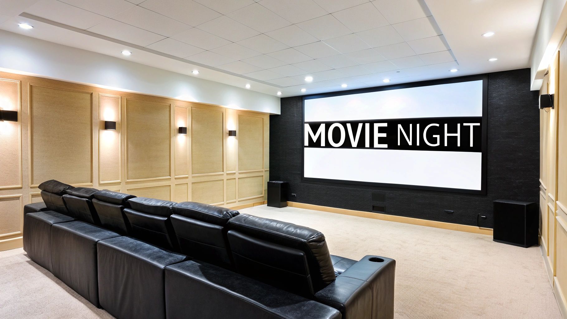 A luxurious home cinema room with black leather recliners, a large screen displaying 'MOVIE NIGHT', and warm wall lighting.