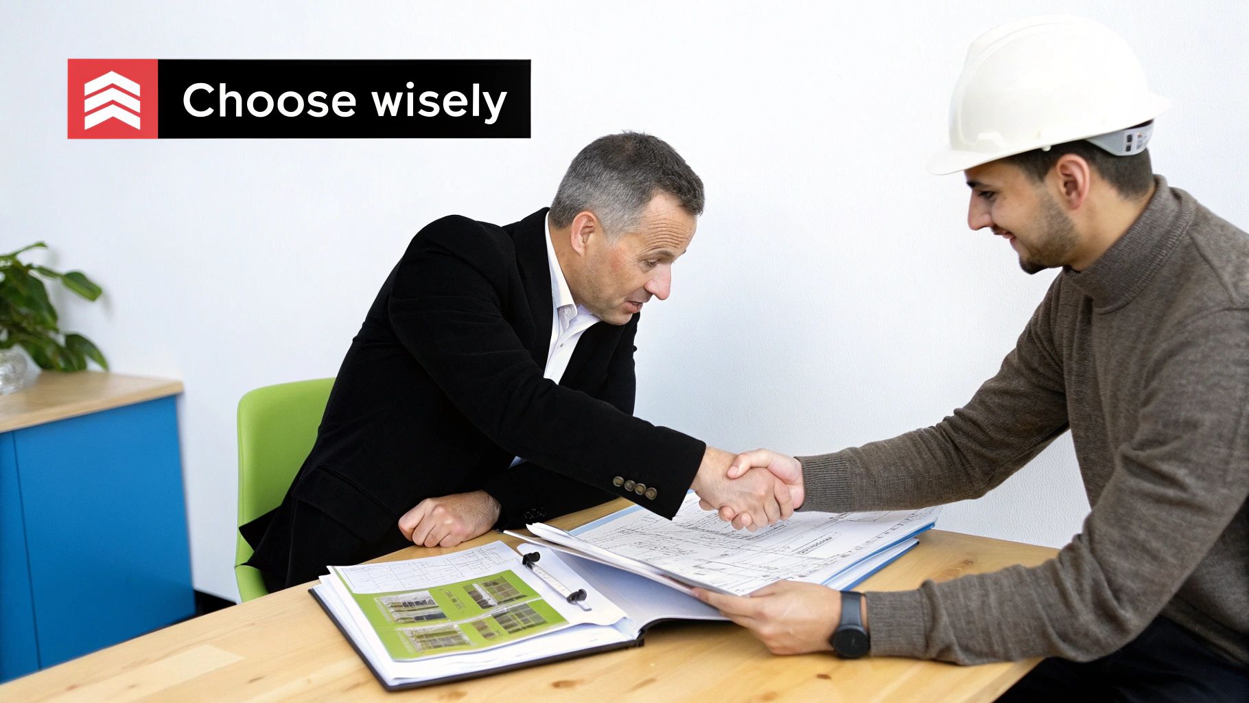 An architect and client reviewing plans in a historic building setting.